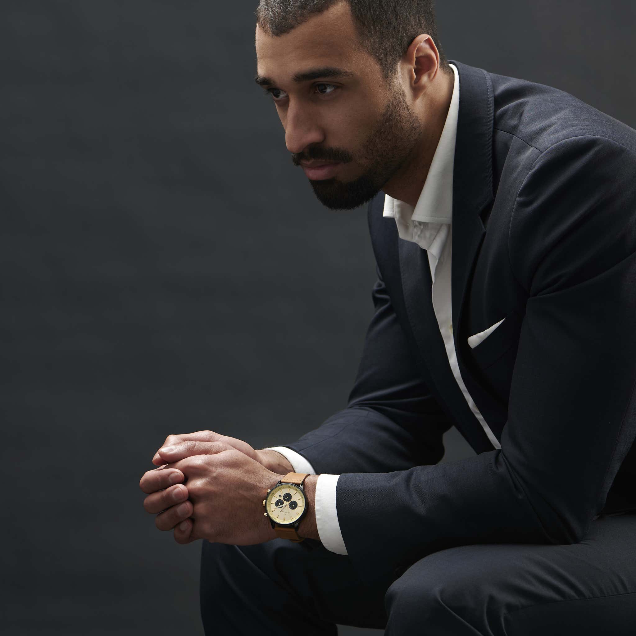 Troika Black DualTime Watch With GoldTone Dial & Brown Leather