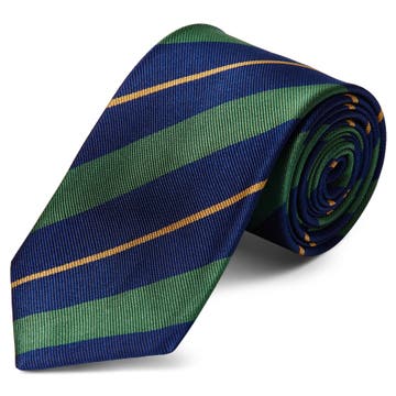 Cravate en soie à rayures vertes, bleu marine et or - 8 cm
