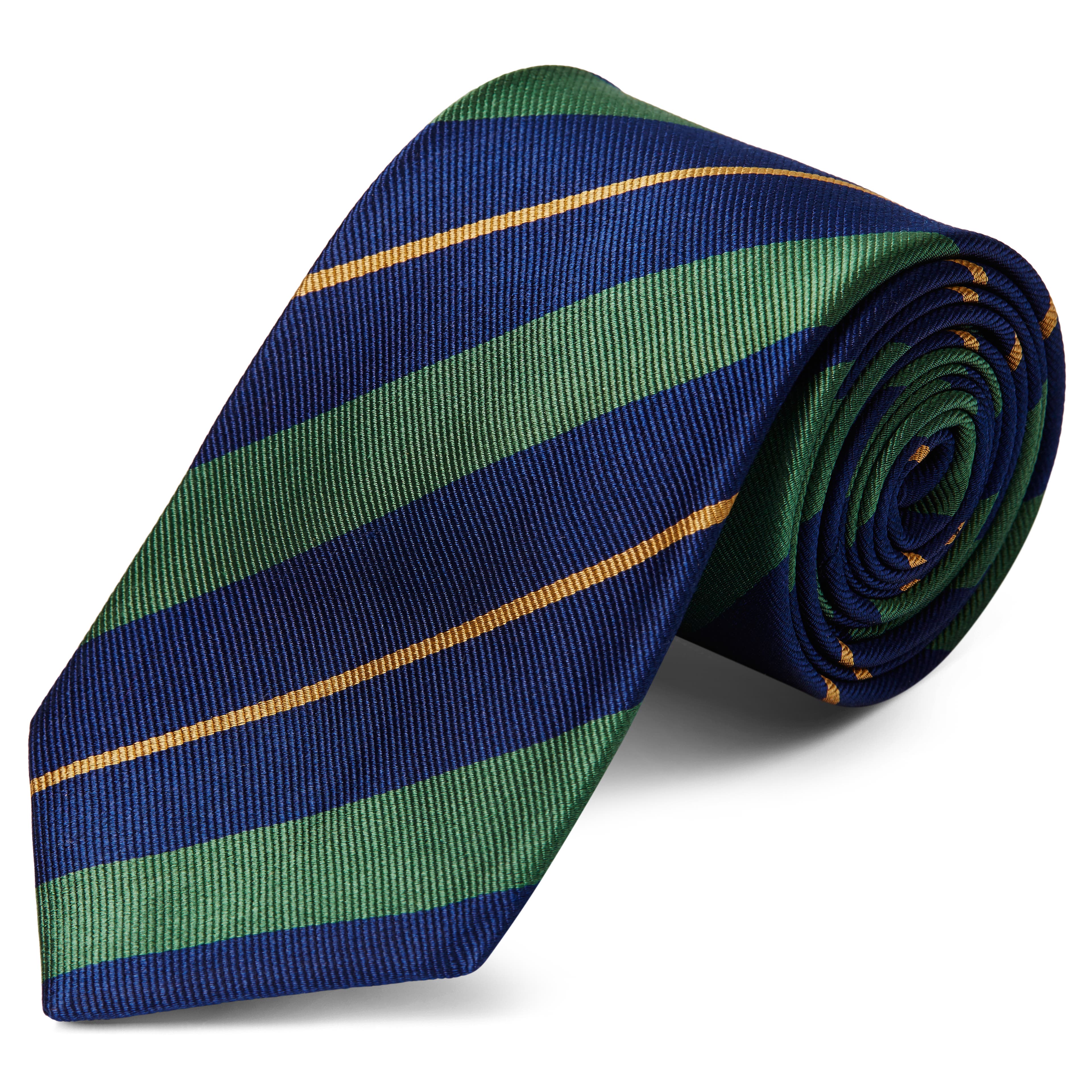 Hodvábna 8 cm tmavomodrá kravata so zlatými a zelenými pruhmi