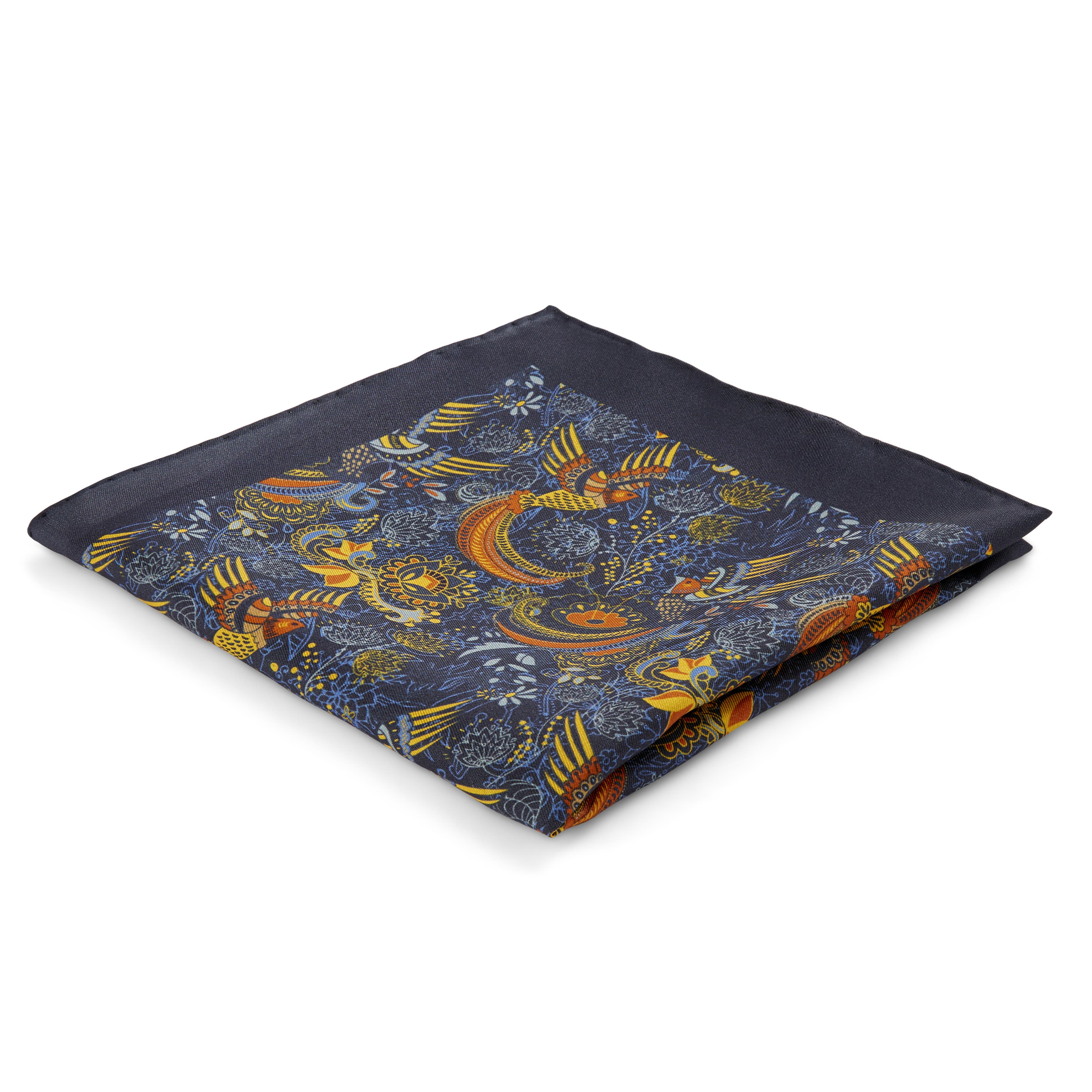 Boho | Dark Blue & Orange Bird Pattern Silk Pocket Square