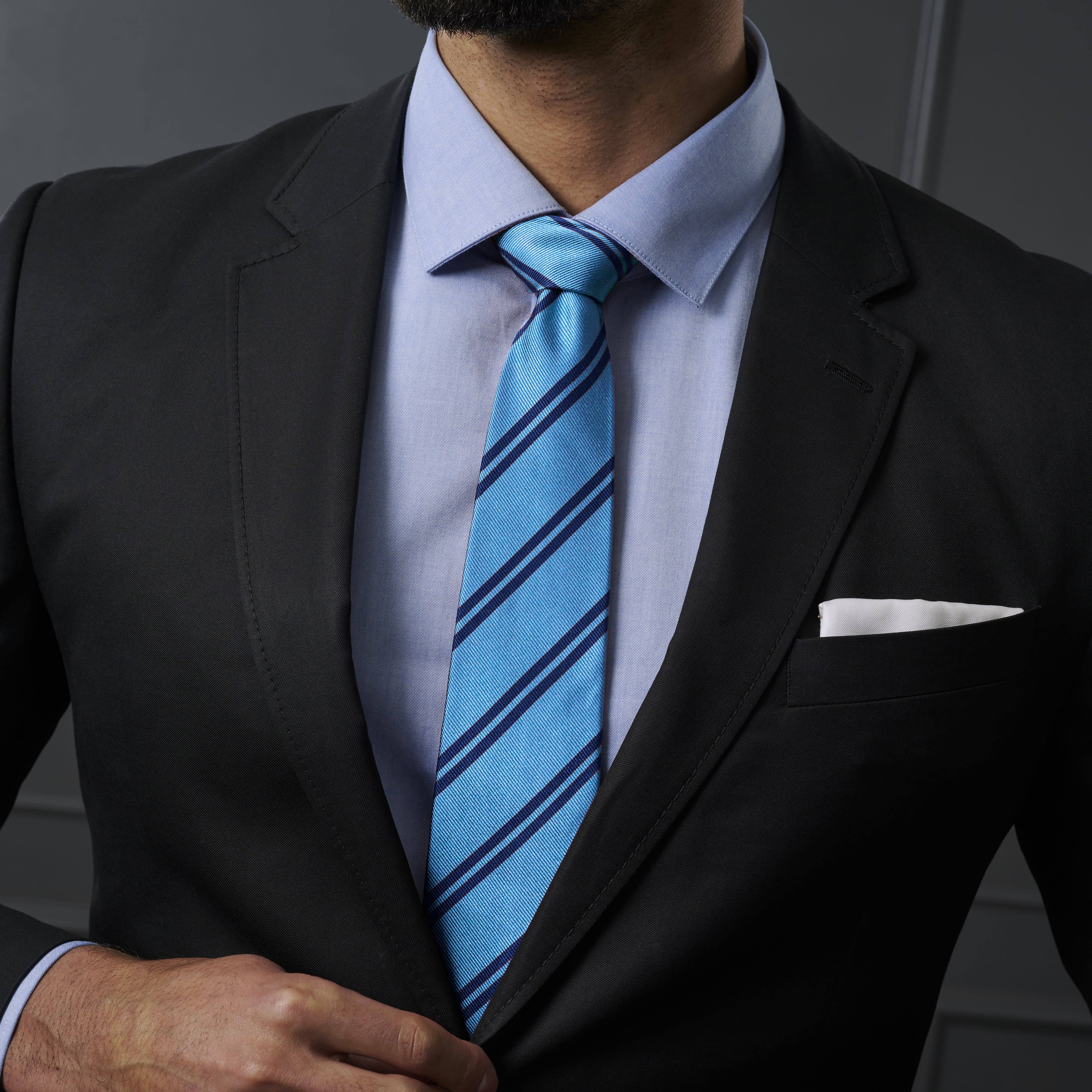 Navy Twin Stripe Blue Silk 8cm Tie - 3