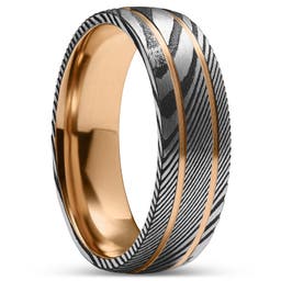 Fortis | 7 mm Dubbelgegroefde Ring van Gunmetalgrijs en Zilverkleurig Damascusstaal en Roségoudkleurig Titanium