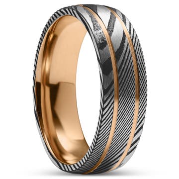 Fortis | 7 mm dvojdrážový prsteň v gunmetal sivej a striebornej farbe z damaškovej ocele a ružovo-zlatým titánom