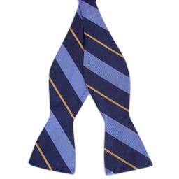 Navy Blue, Light Blue & Golden Stripe Silk Self-Tie Bow Tie