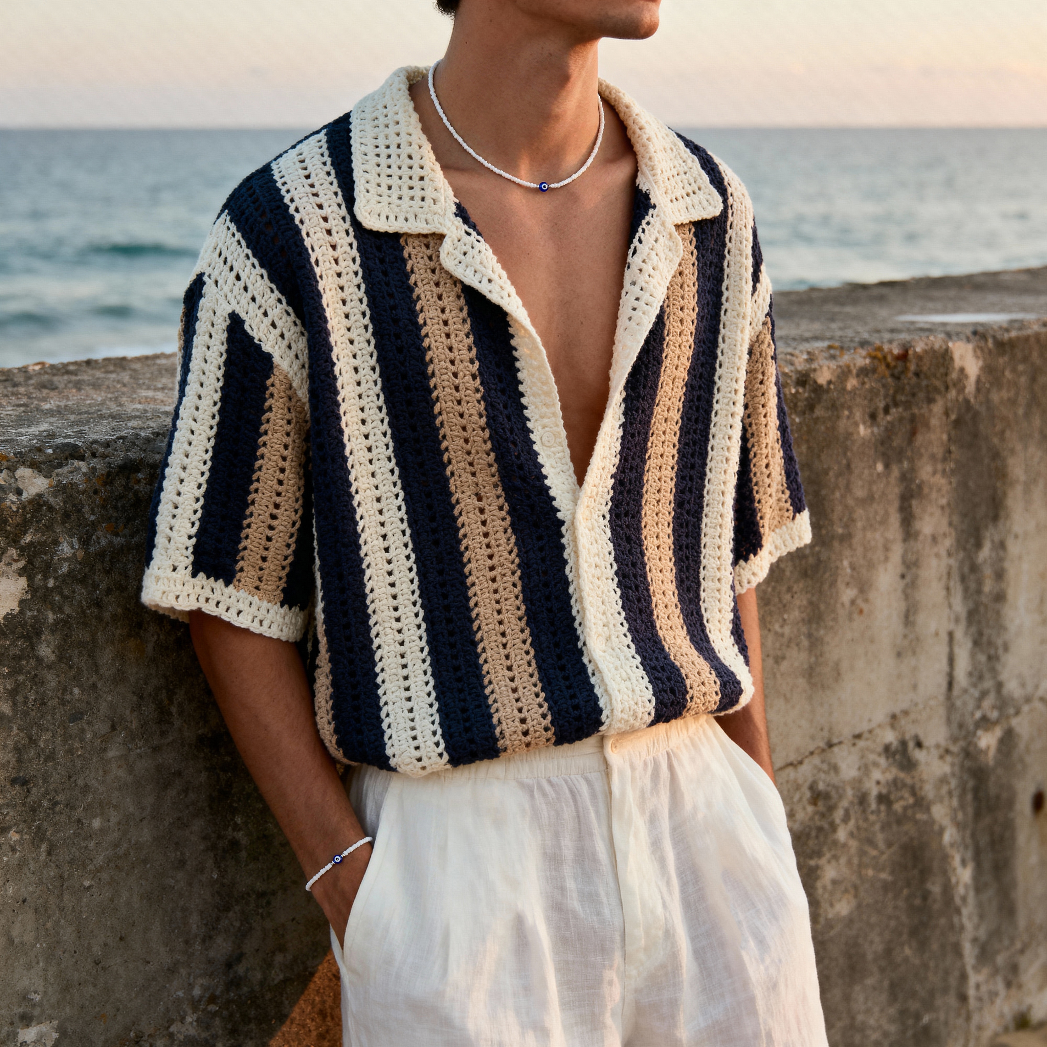 Amalfi | Κολιέ με λευκές χάντρες και ματάκι - 2