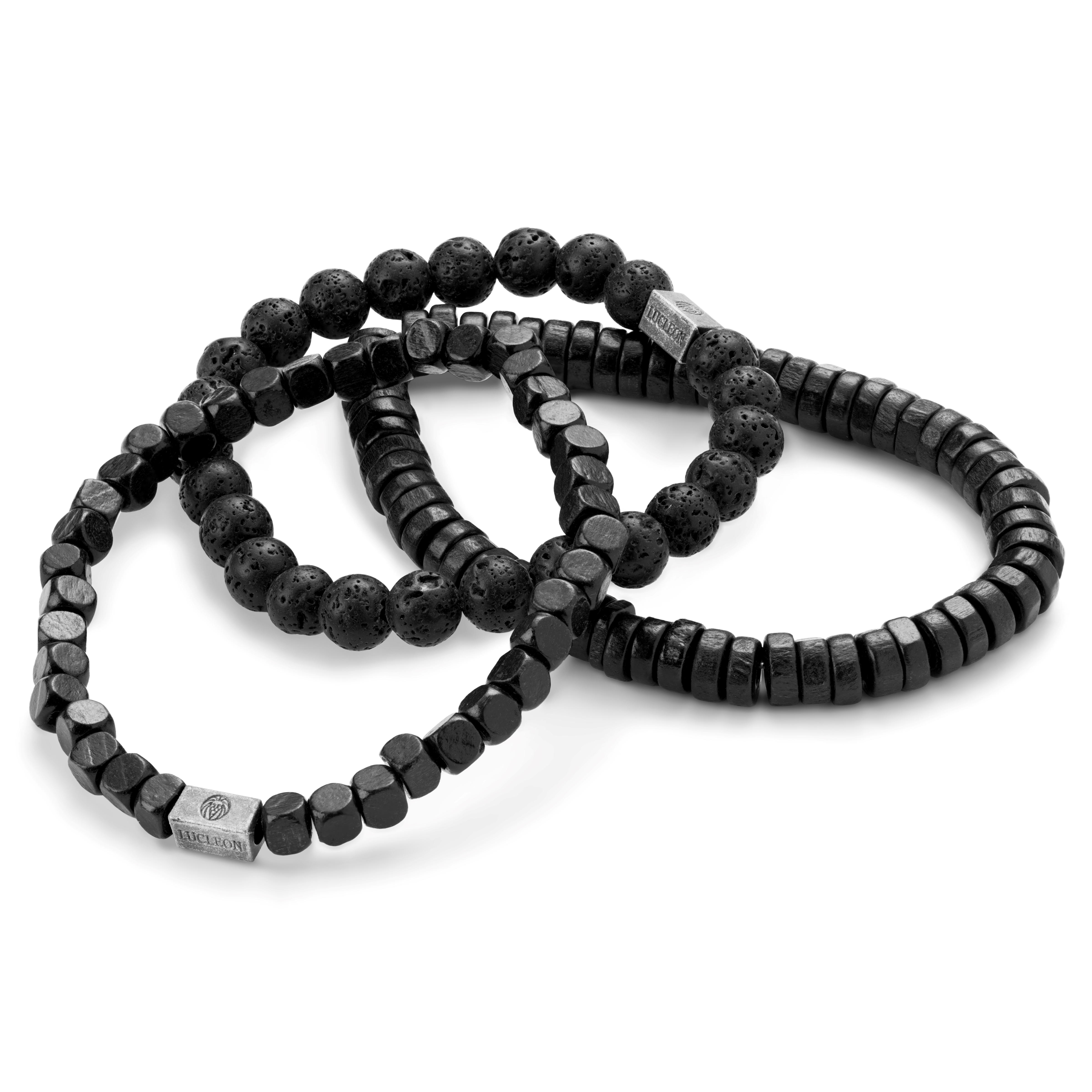 Svart lavastein og treperler armbåndsett - 2