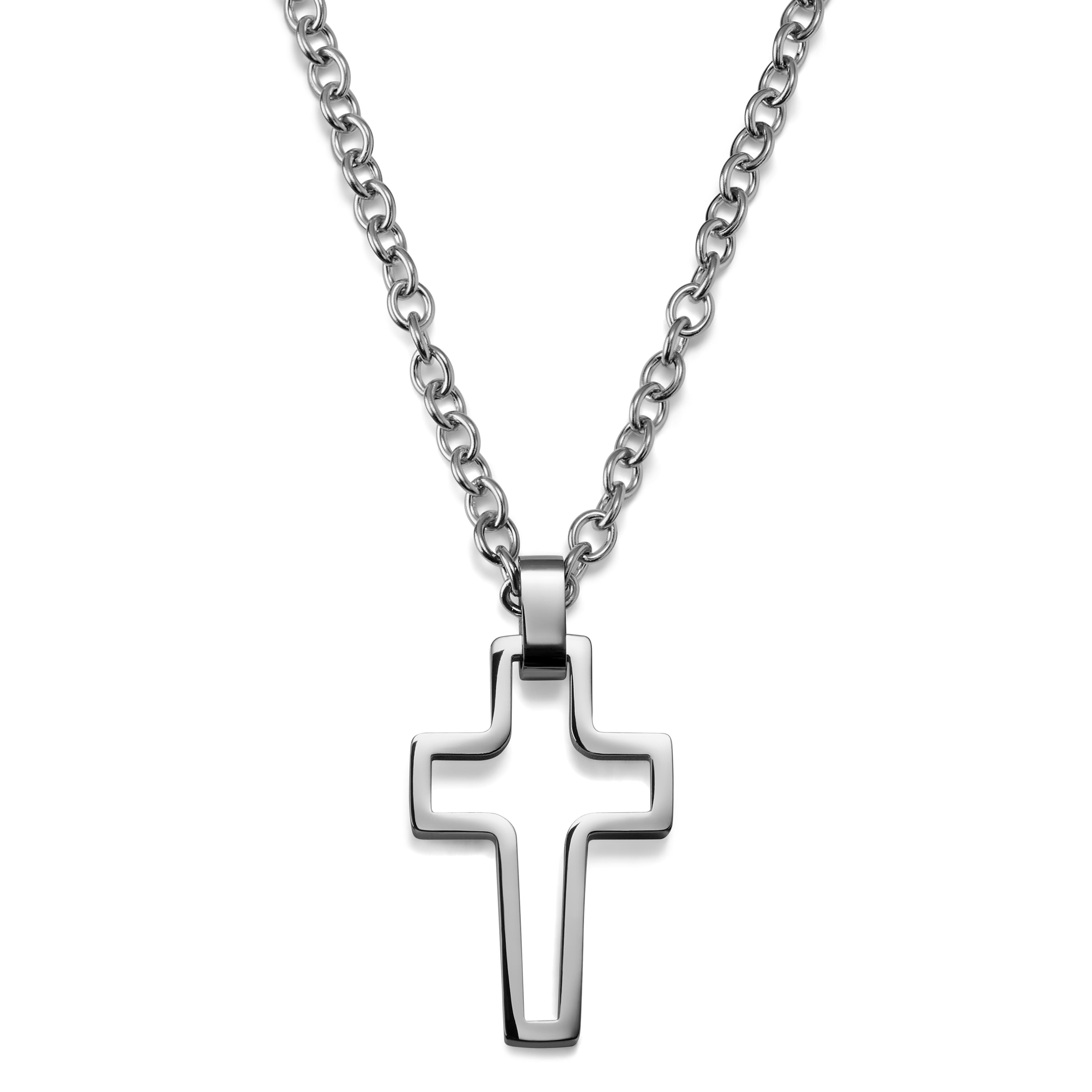 Silver-Tone Stainless Steel Hollow Cross Cable Chain Necklace