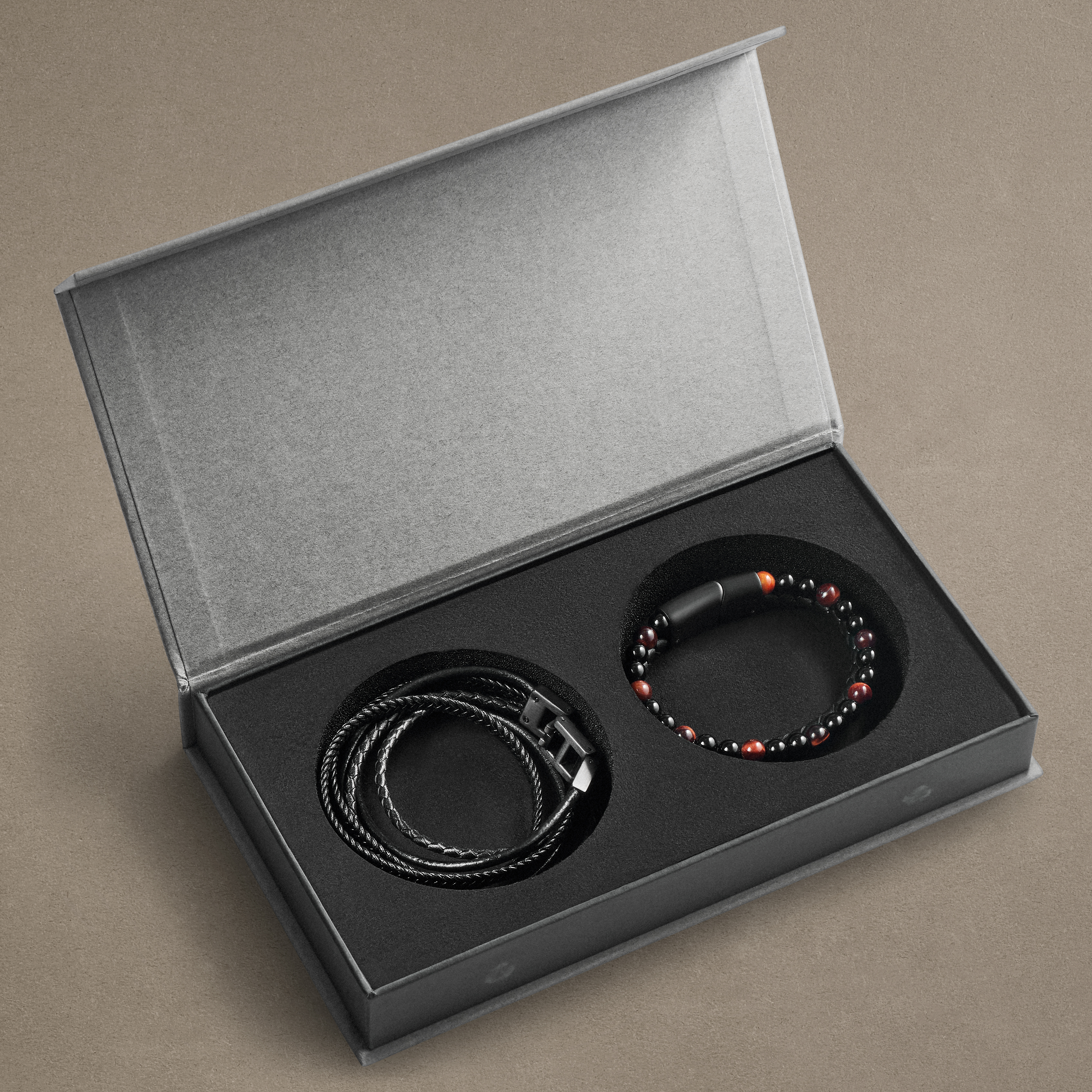 Red Tiger's Eye & Black Leather Bracelet Gift Box - 3
