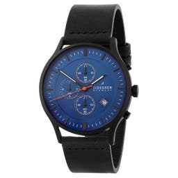 Revil | Black Chronograph Watch With Blue Dial & Black Leather Strap