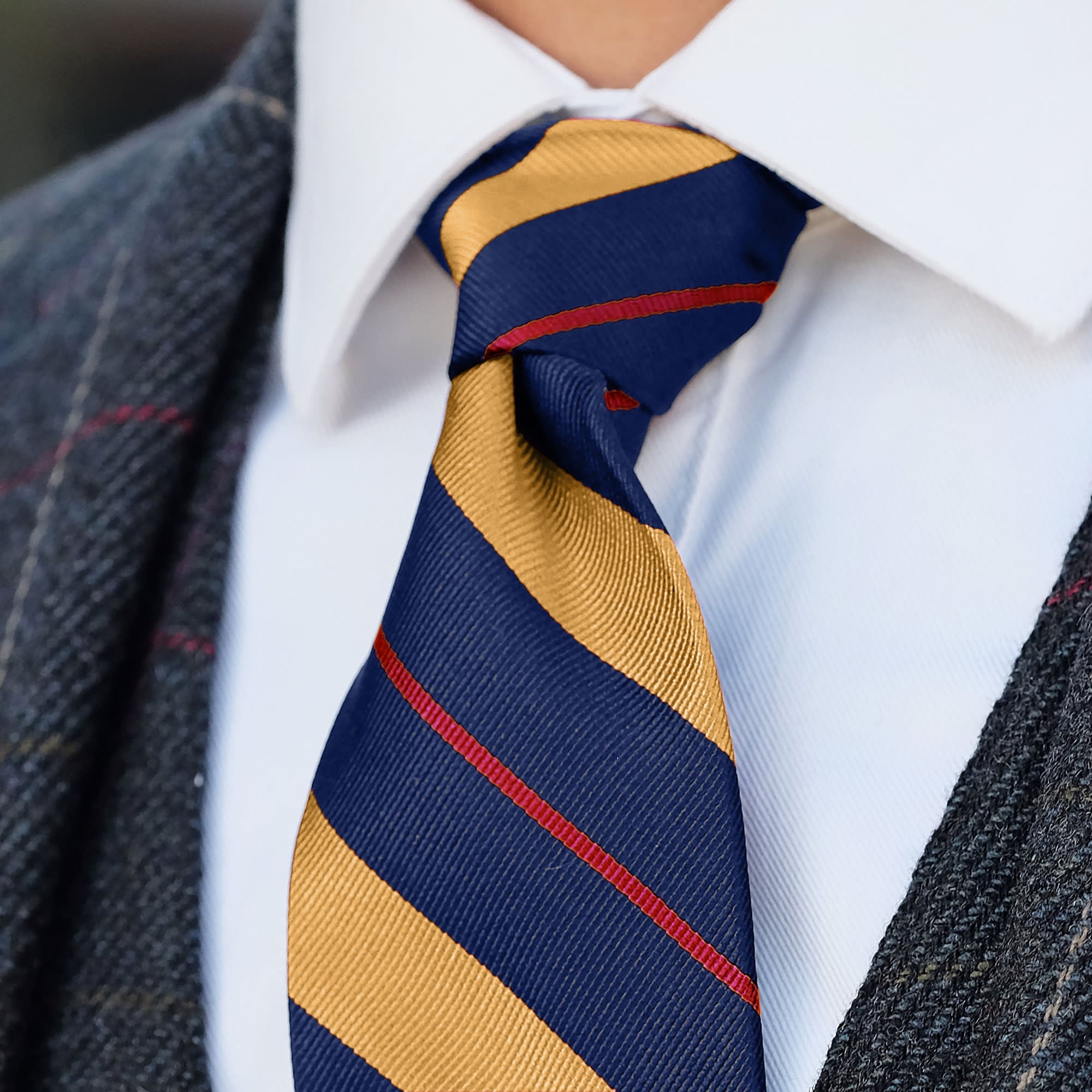 Wide Navy Blue, Gold & Red Striped Silk Tie
