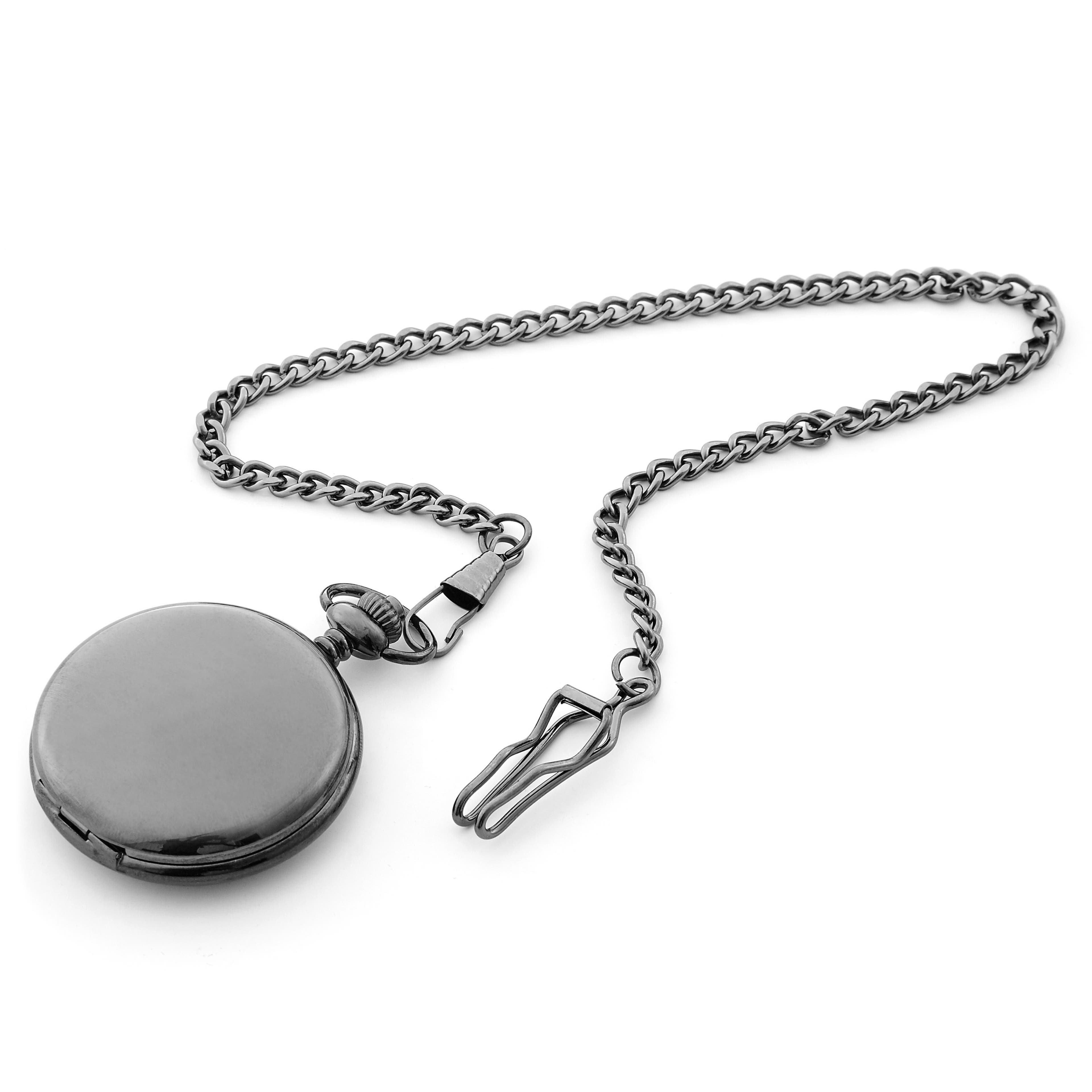 Gunmetal Concealed Pocket Watch With Black Dial & Gunmetal Chain