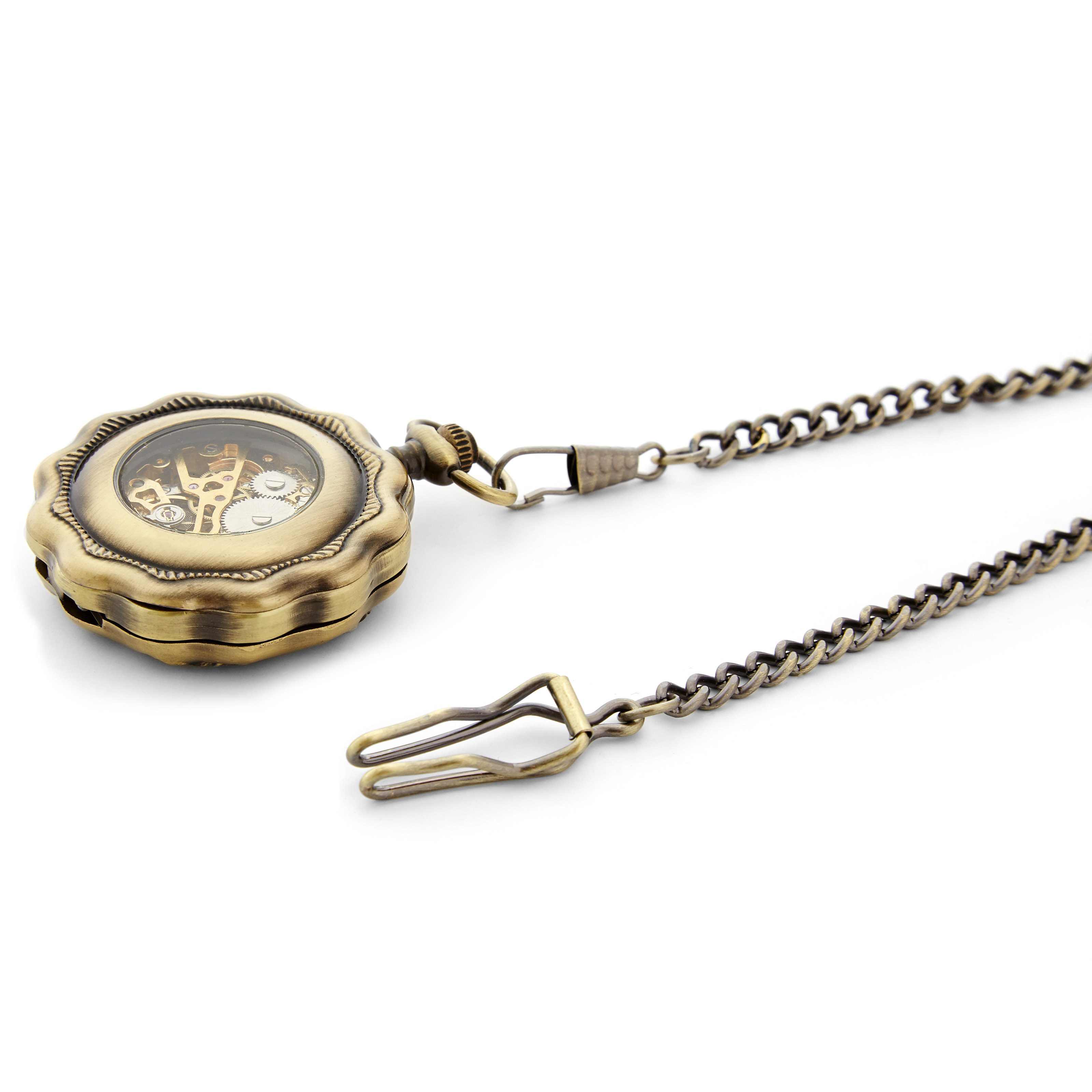 Gold-Tone Skeleton Pocket Watch With Curved Edge, Gold-Tone Movement & Gold-Tone Cable Chain - 4