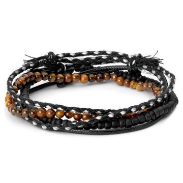 Black Beads, Tiger's Eye, Yarn & Leather Bracelet Set
