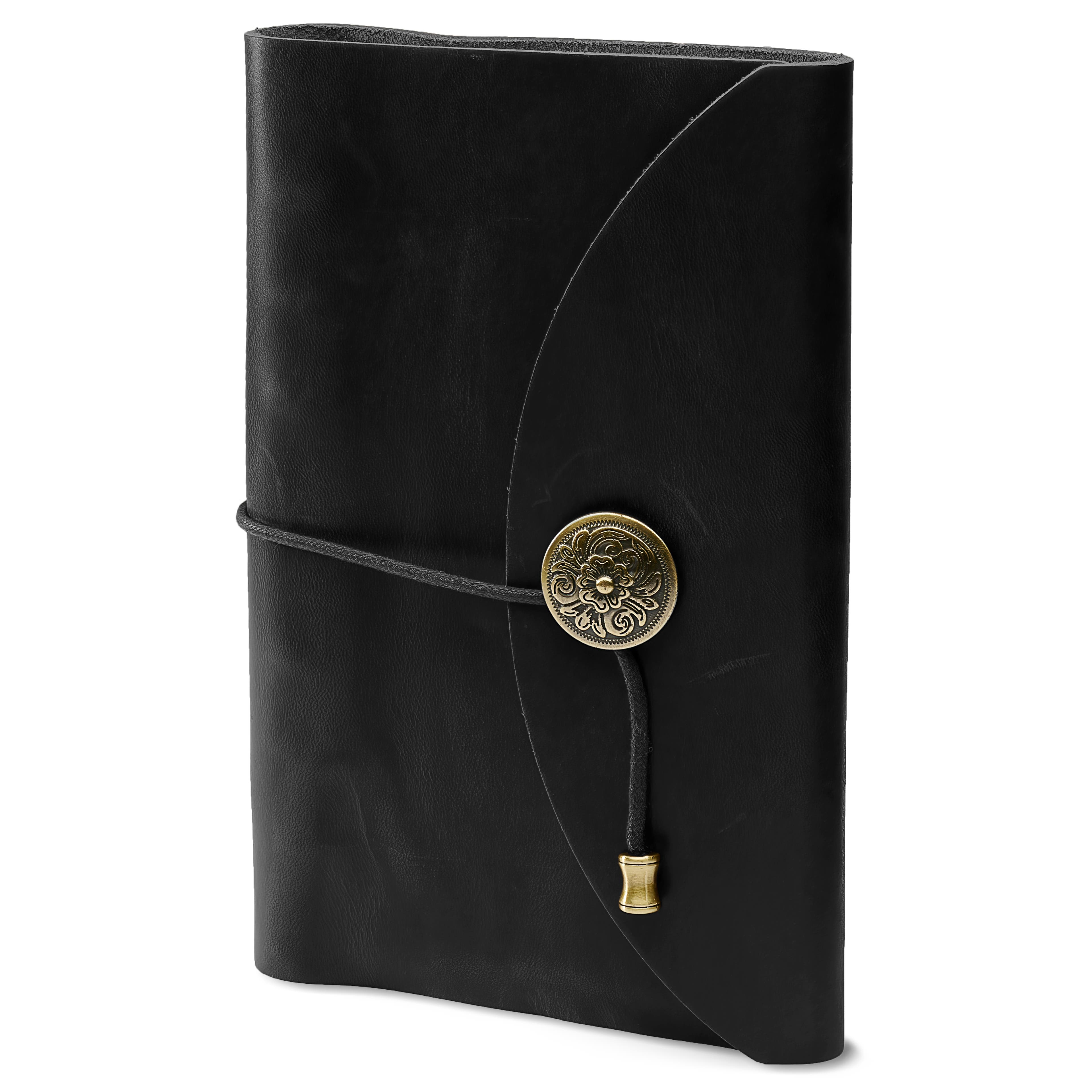 Cuaderno | Cuero Negro | Broche de Flor