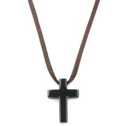 Iconic | Brown Leather With Black Stainless Steel Cross Necklace