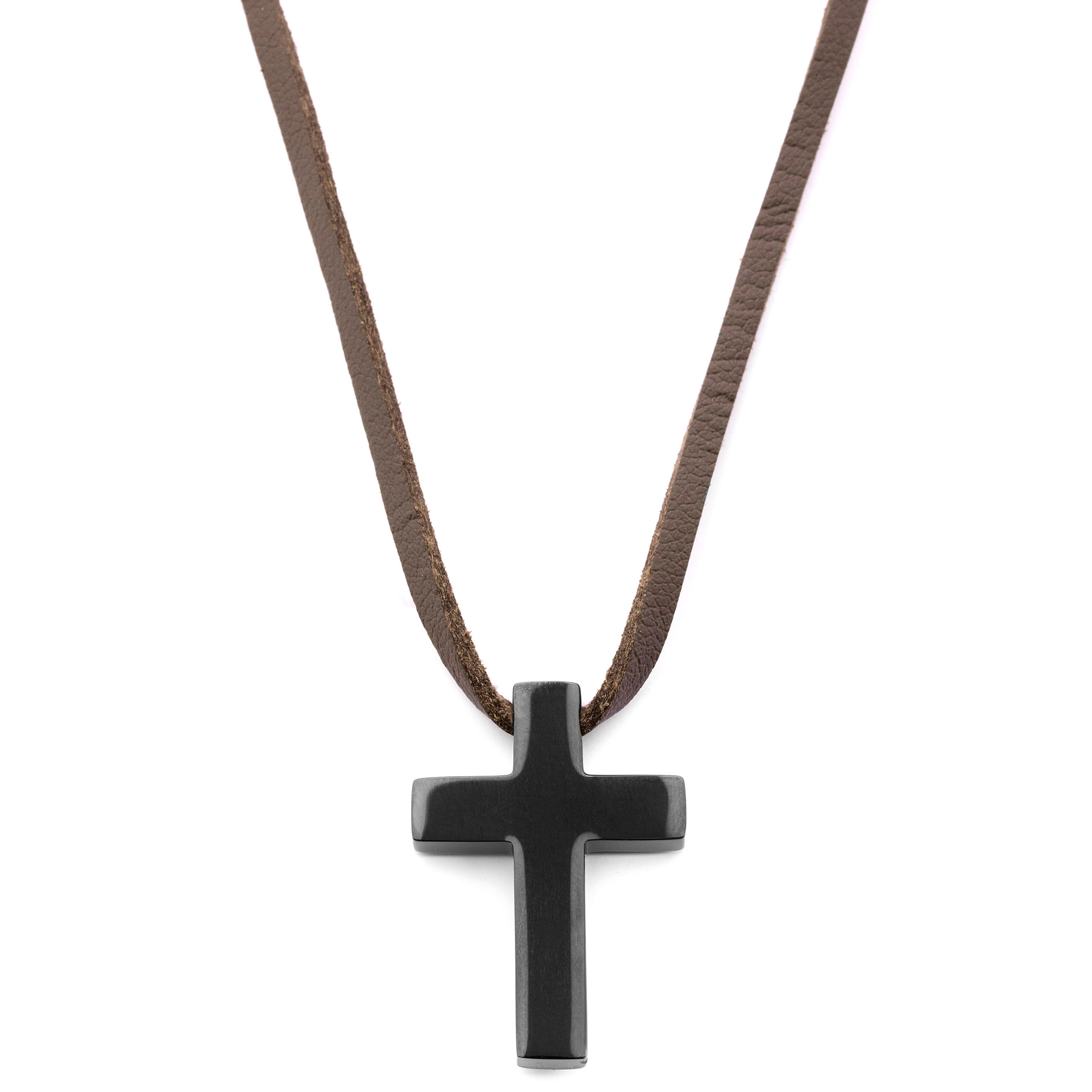 Collier "Le Fils" à croix chrétienne en métal noir et cordon de cuir 