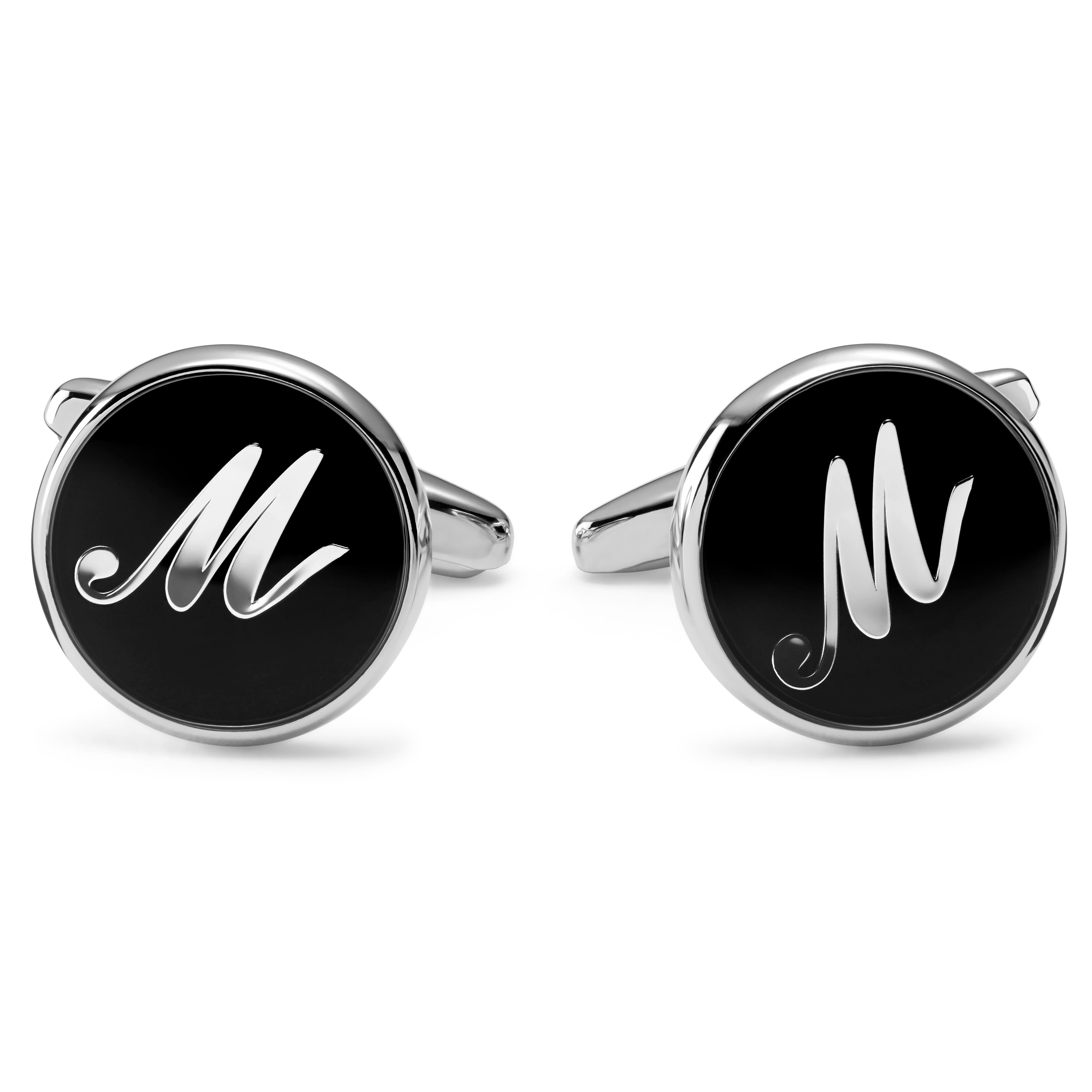 Round Silver-Tone & Black Letter M Initial Cufflinks