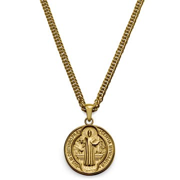 Sanctus | Gold-Tone St. Benedict Medal Wheat Chain Necklace