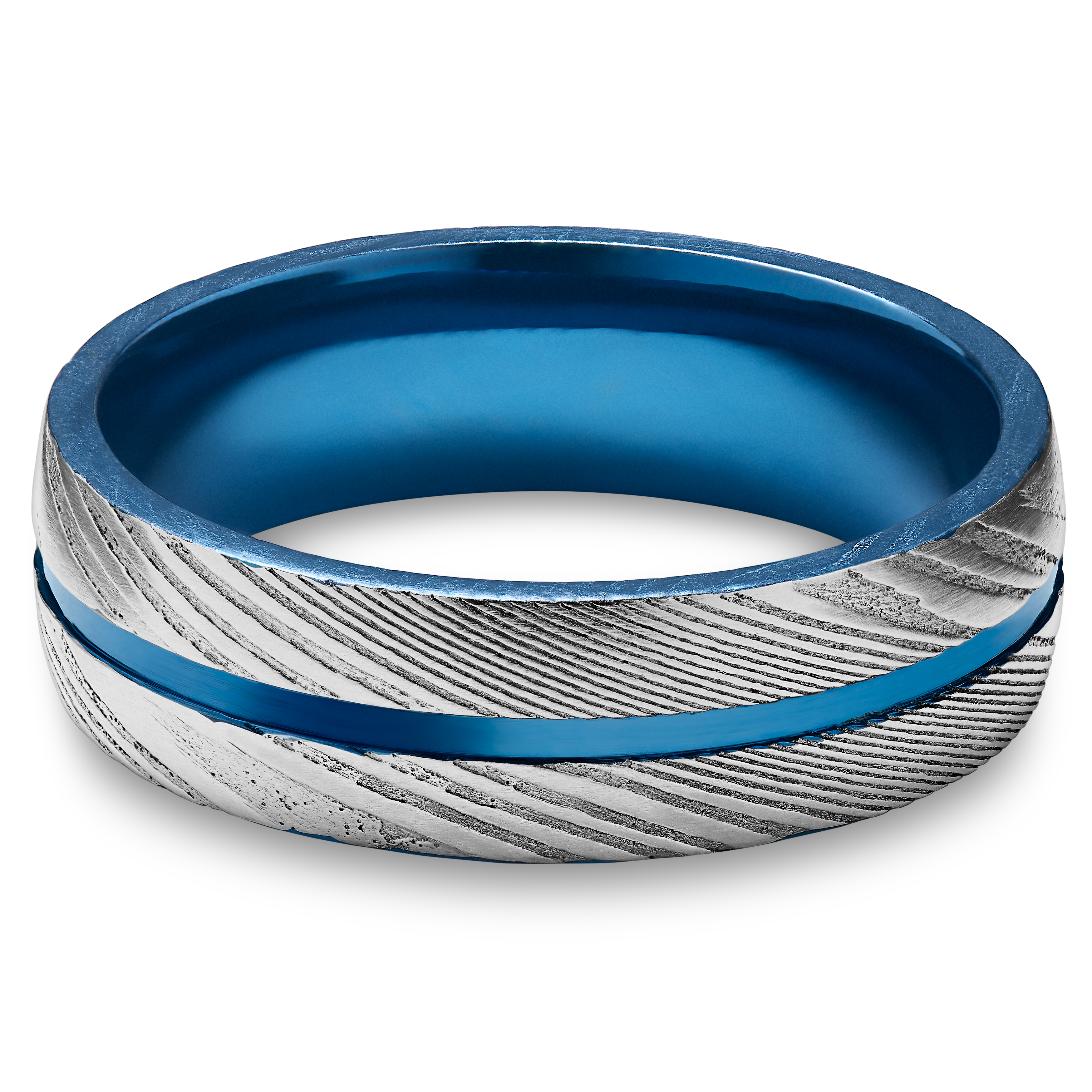 Fortis | 7 mm Ring Aus Geriffeltem Silberfarbenem Damaststahl Und Blauem Titan - 9