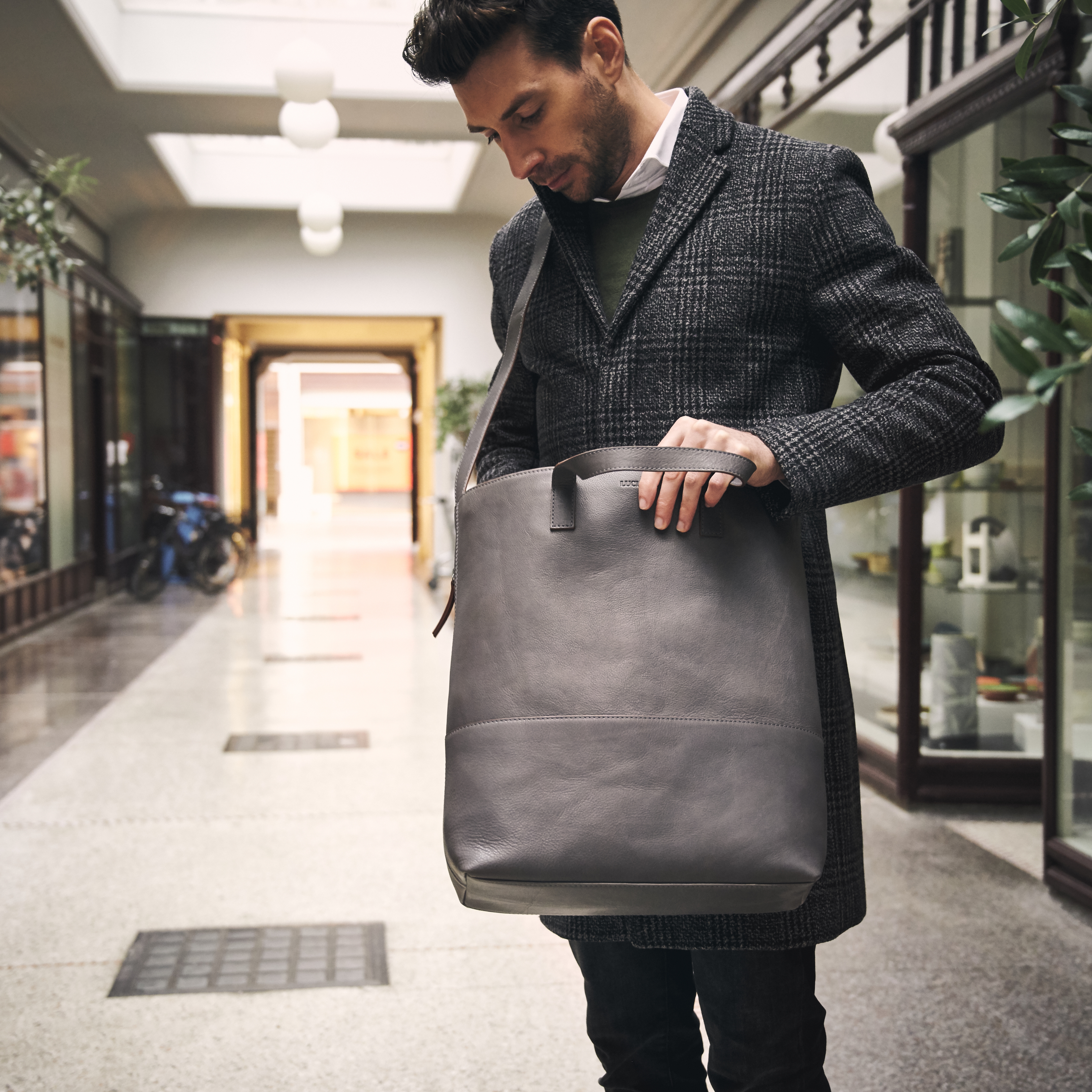 Lon Graue & Hellbraune Leder Tote Bag - 12