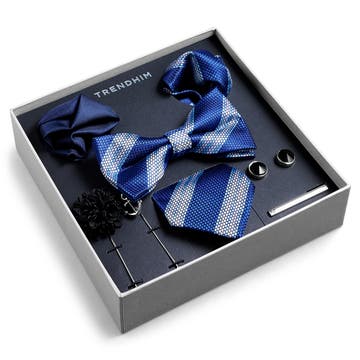 Anzug Accessoire Geschenkbox | Gestreiftes Blau & Silber-Ton Set Anzug Accessoire Geschenkbox | Gestreiftes Blau & Silber-Ton Set