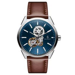 Cor | Silver-Tone Automatic Skeleton Watch With Blue Dial & Brown Leather Strap