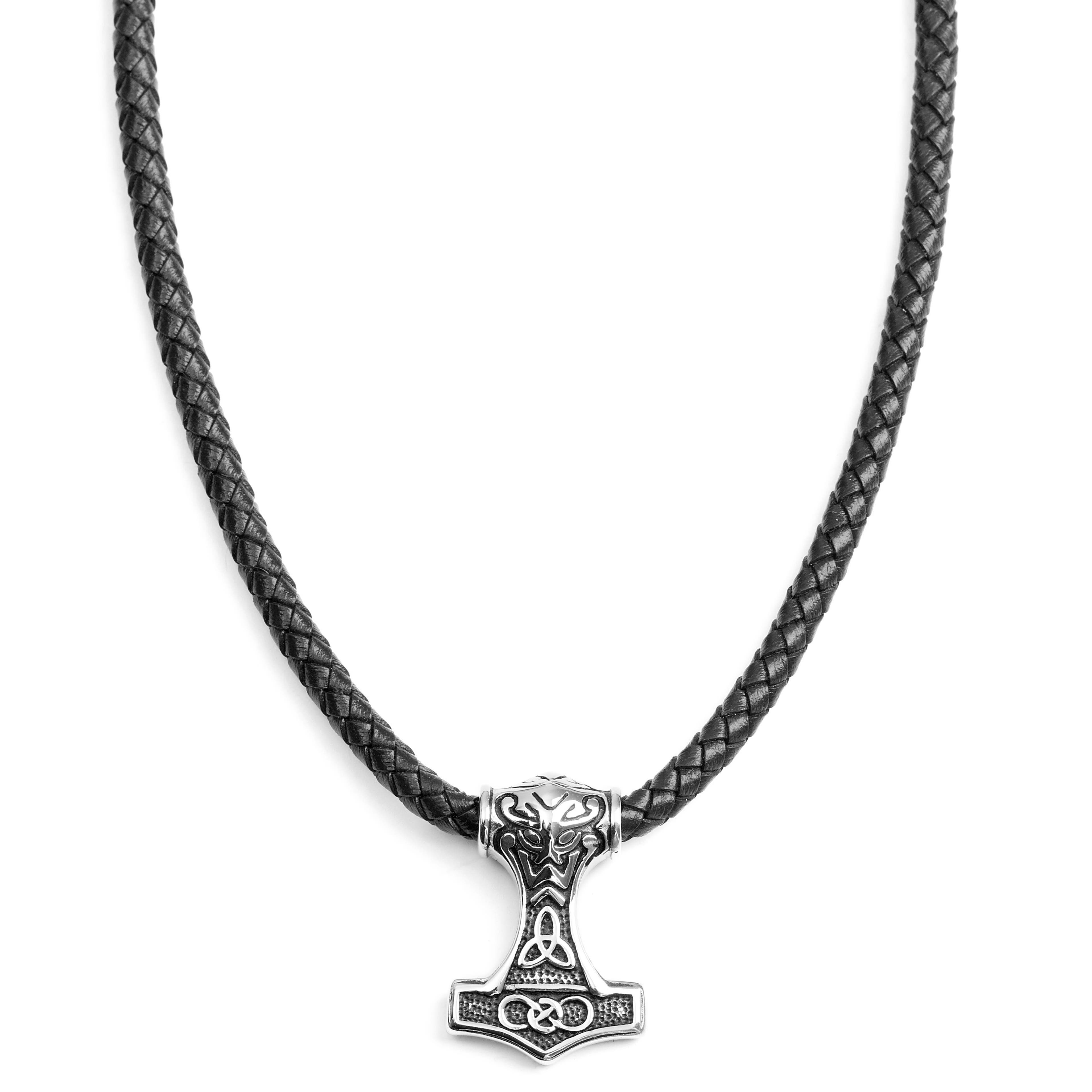 Obojstranný čierny kožený náhrdelník s keltským motívom