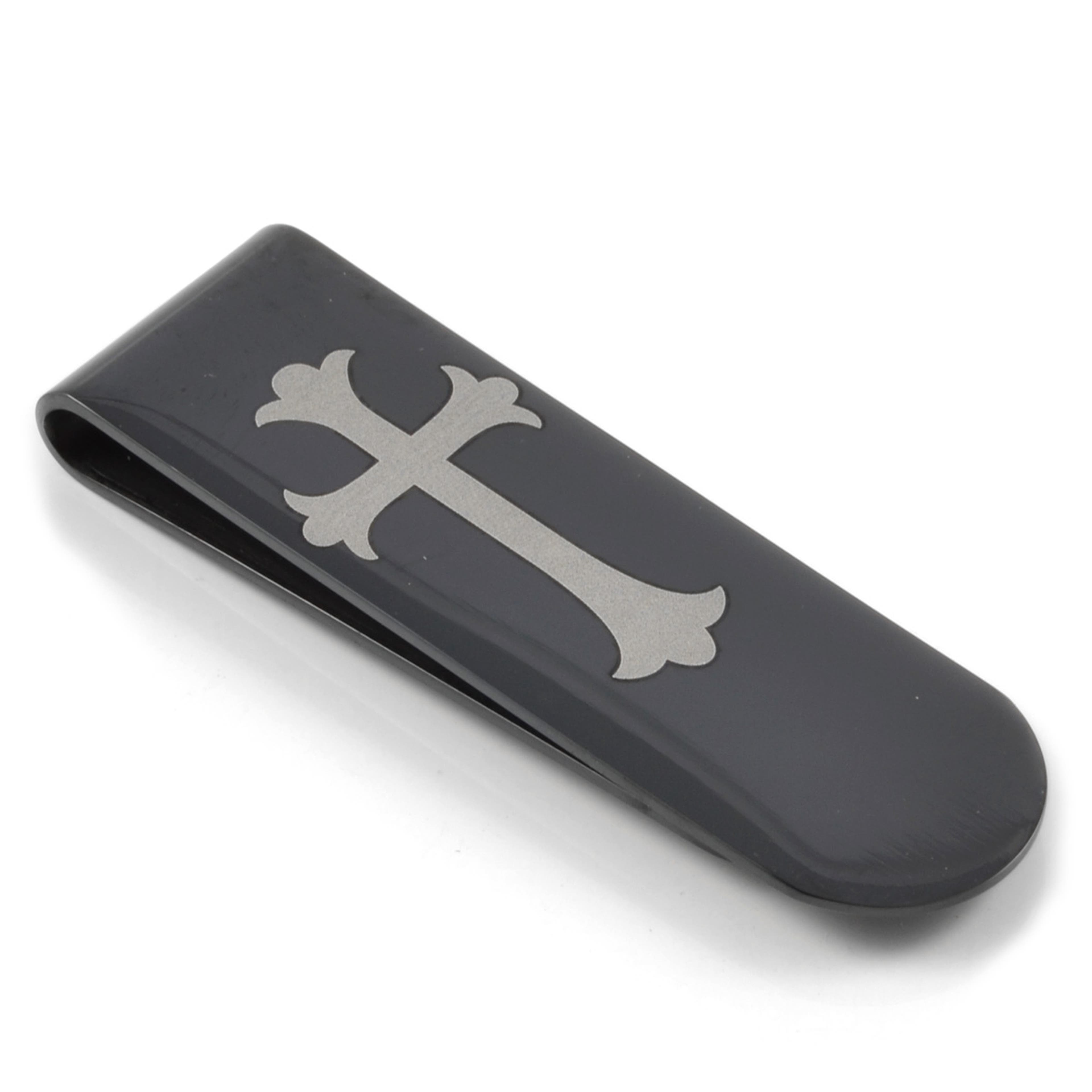 Black Stainless Steel with Silver-Tone Cross Money Clip