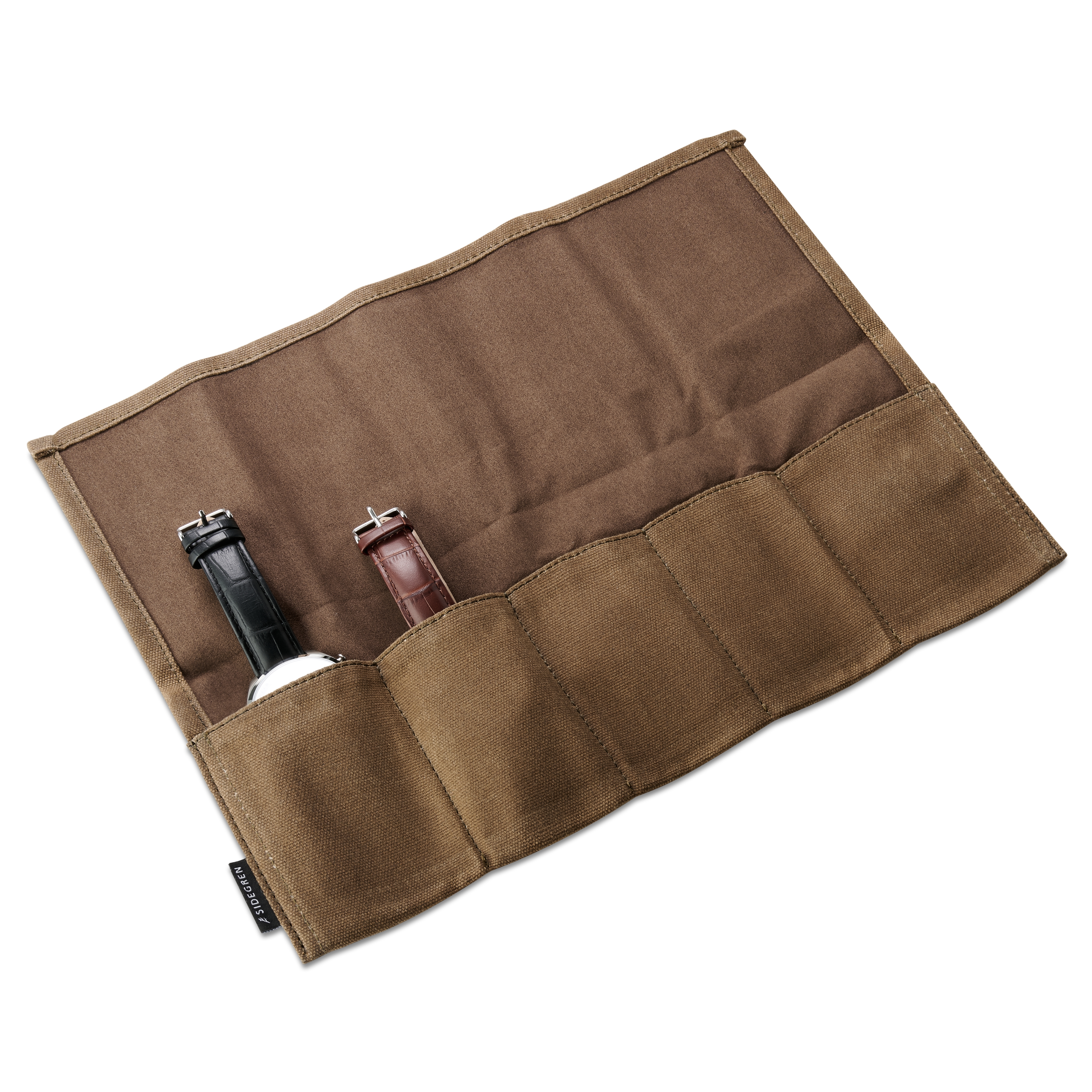 Olivovo-zelené voskované plátené rolovacie puzdro na 5 hodiniek - 4