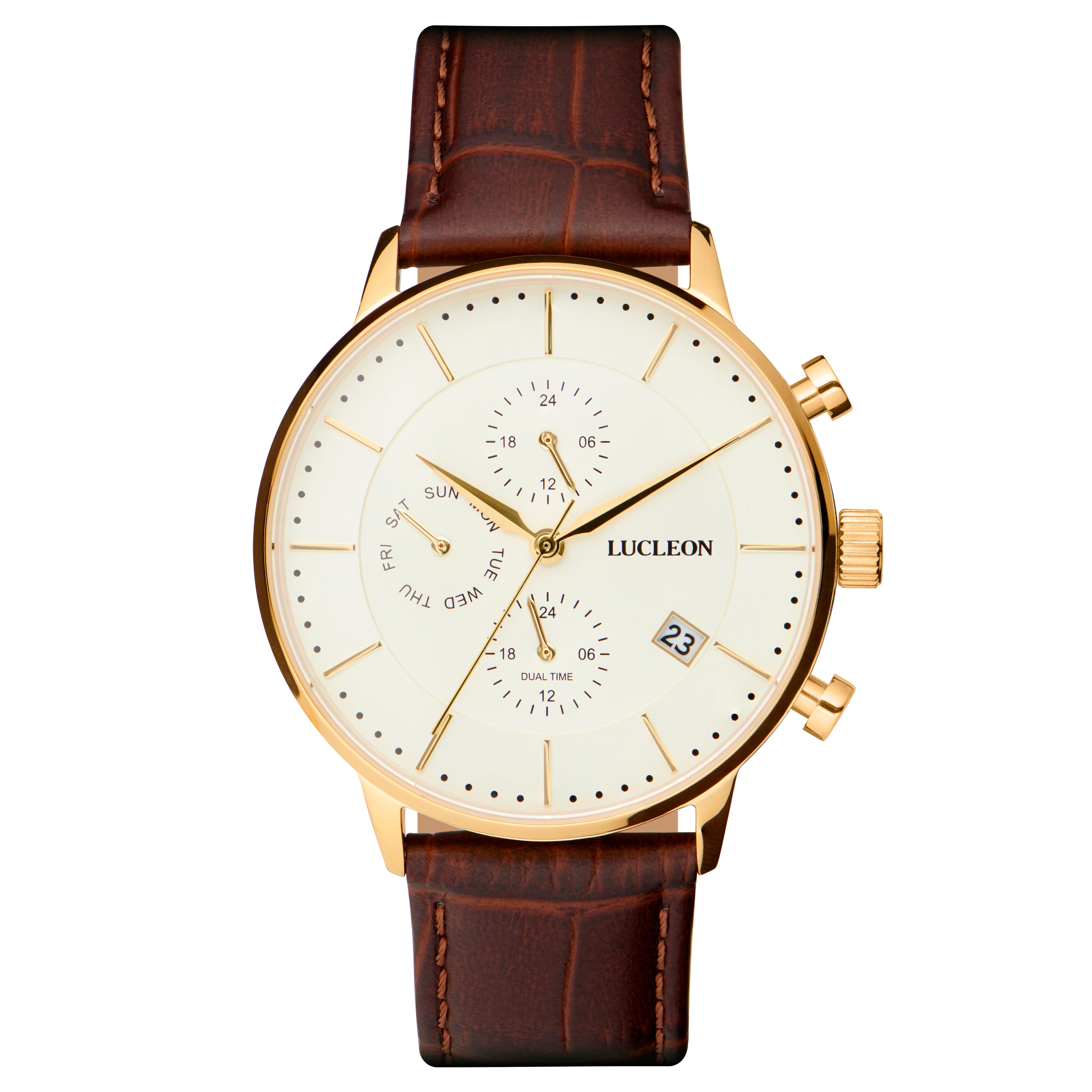 Ternion | Gold-Tone Dual-Time Watch With White Dial & Rust Leather Strap
