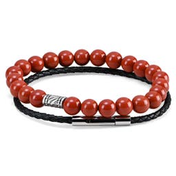 Red Agate & Braided Leather Band Bracelet Set