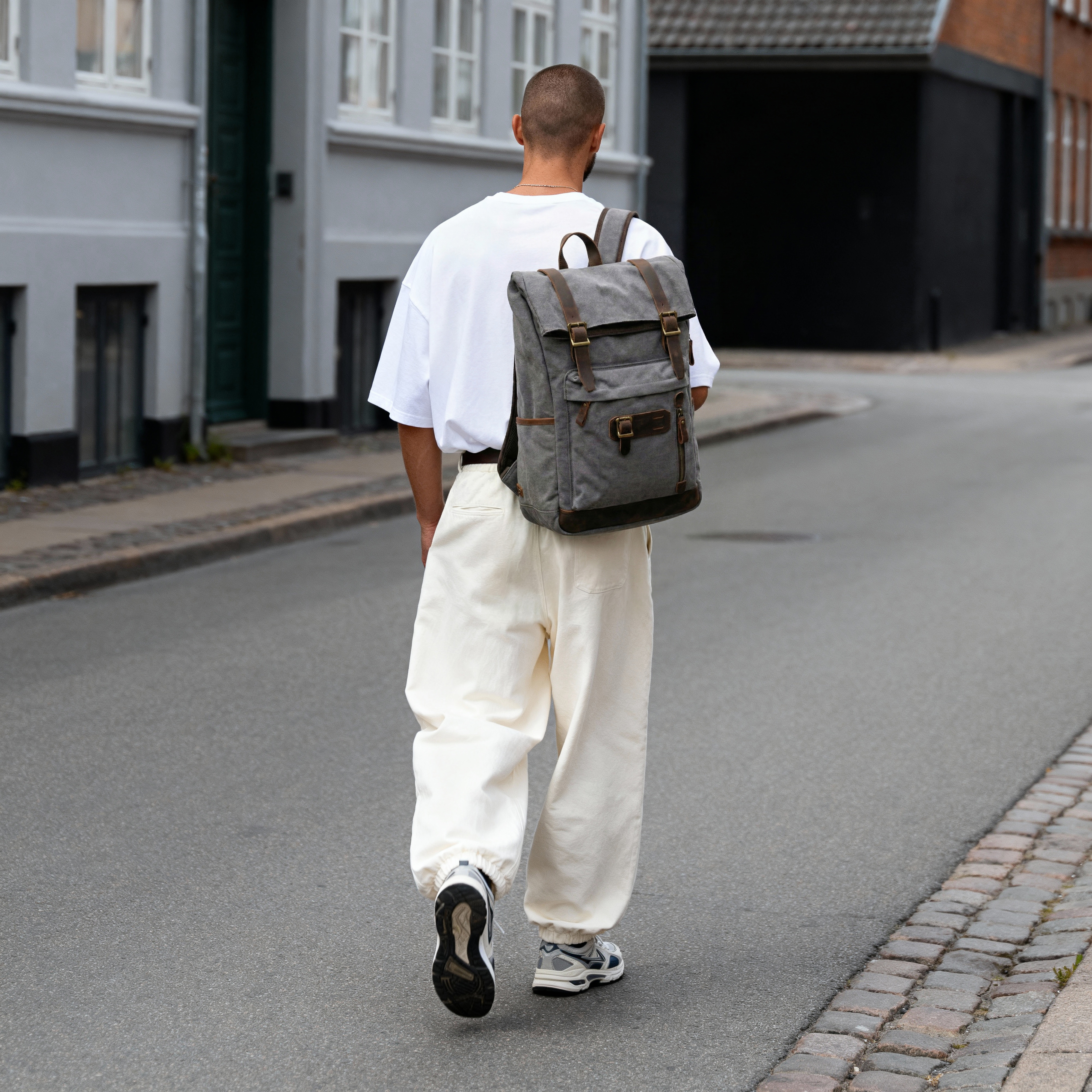 Rugged Vintage-Style Graphite Canvas & Leather Backpack - 2