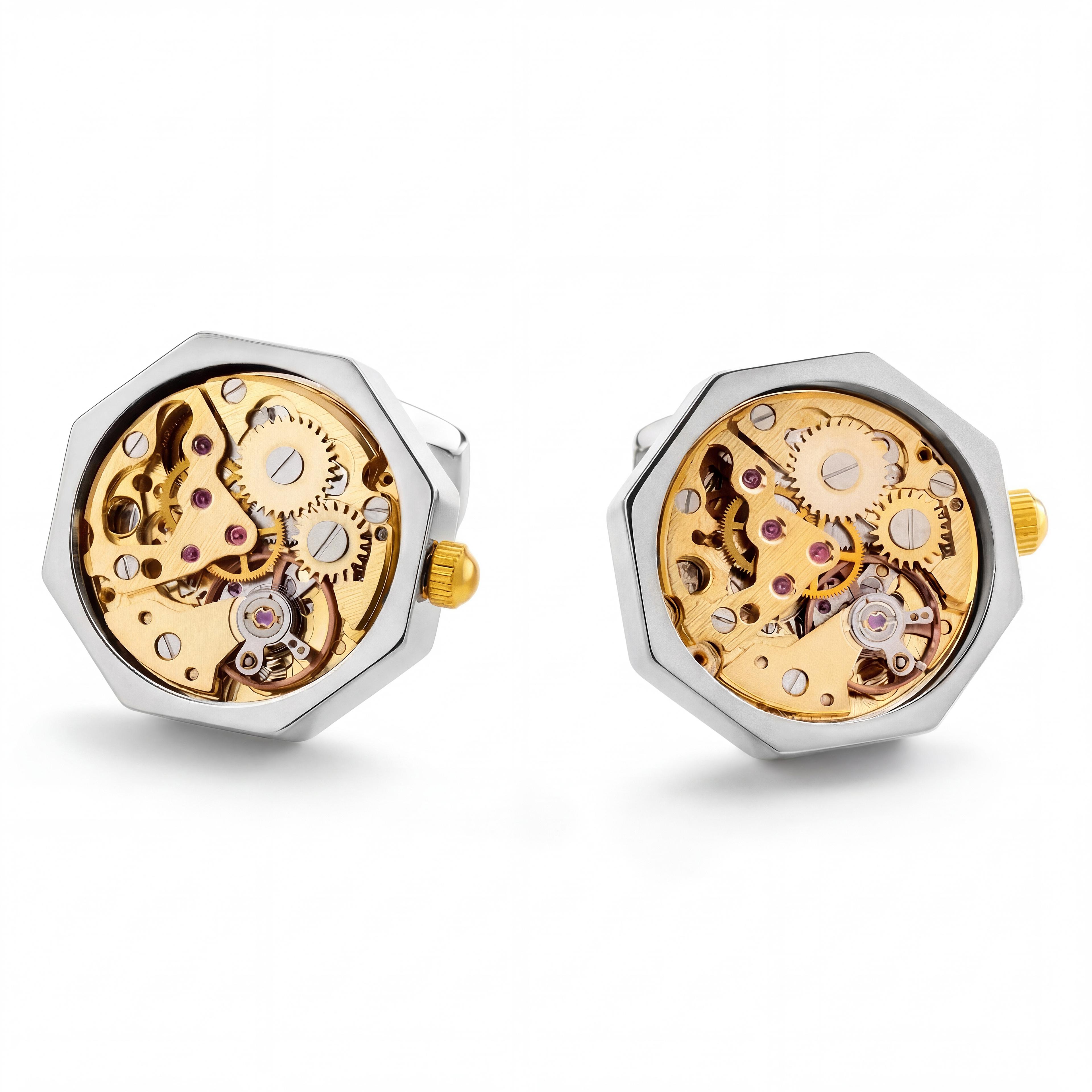 Manchetknopen met mechanisch binnenwerk – Zilverkleurig met goudkleurig middenstuk - 1