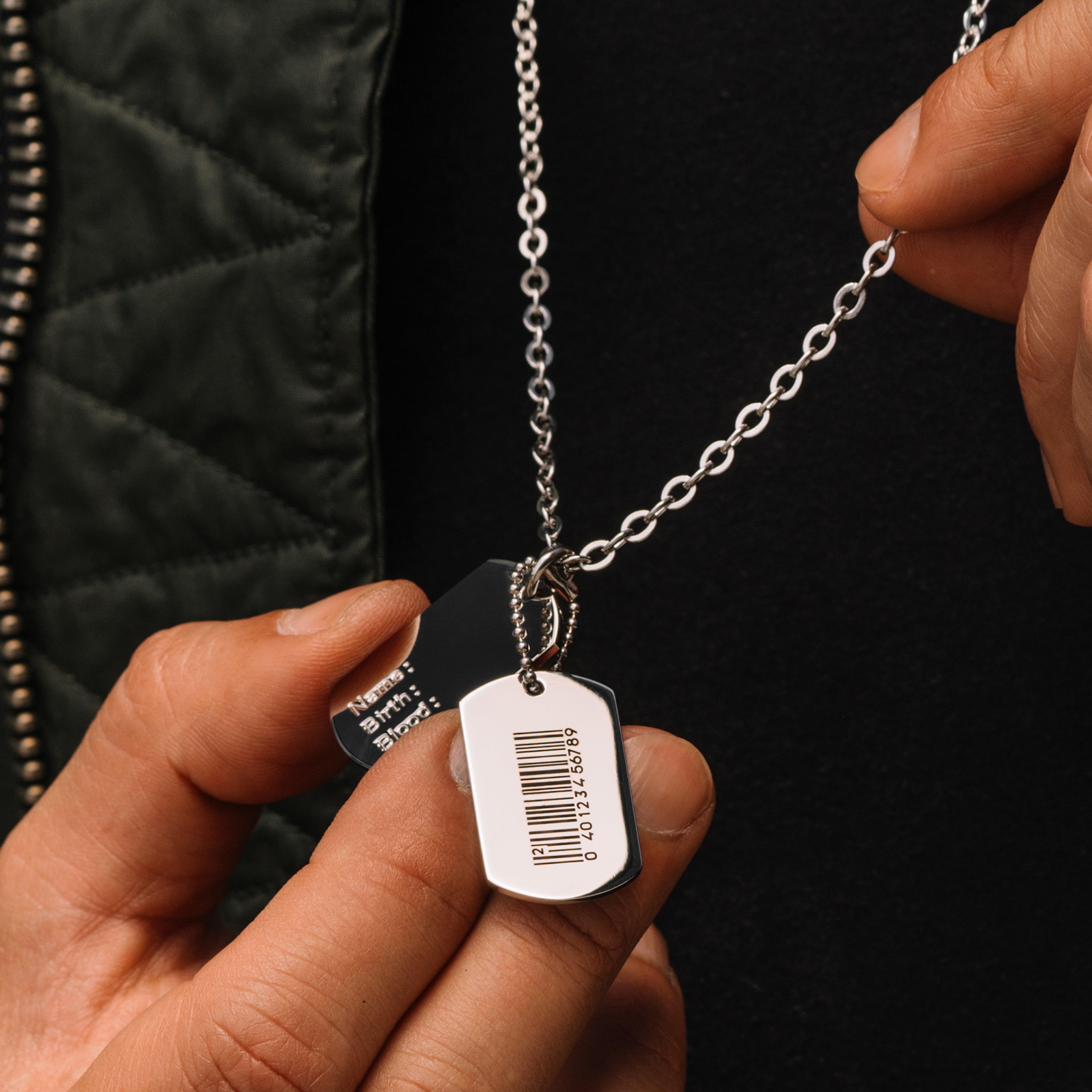 Silver-Tone Stainless Steel Dog Tag with Barcode Cable Chain Necklace