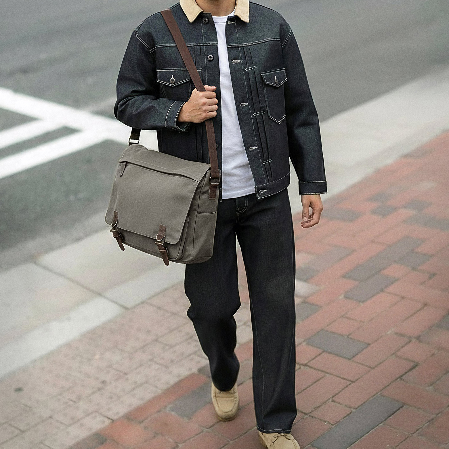 Metallic Gray Canvas Messenger Bag - 4