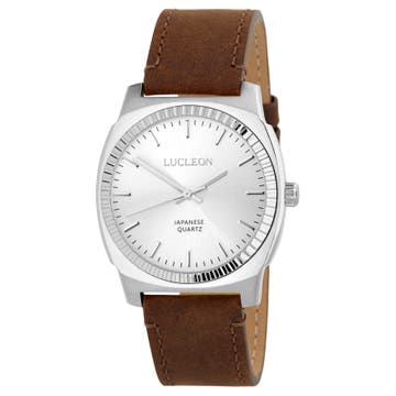 Major | Silver-Tone Minimalist Watch With Silver-Tone Dial & Brown Leather Strap