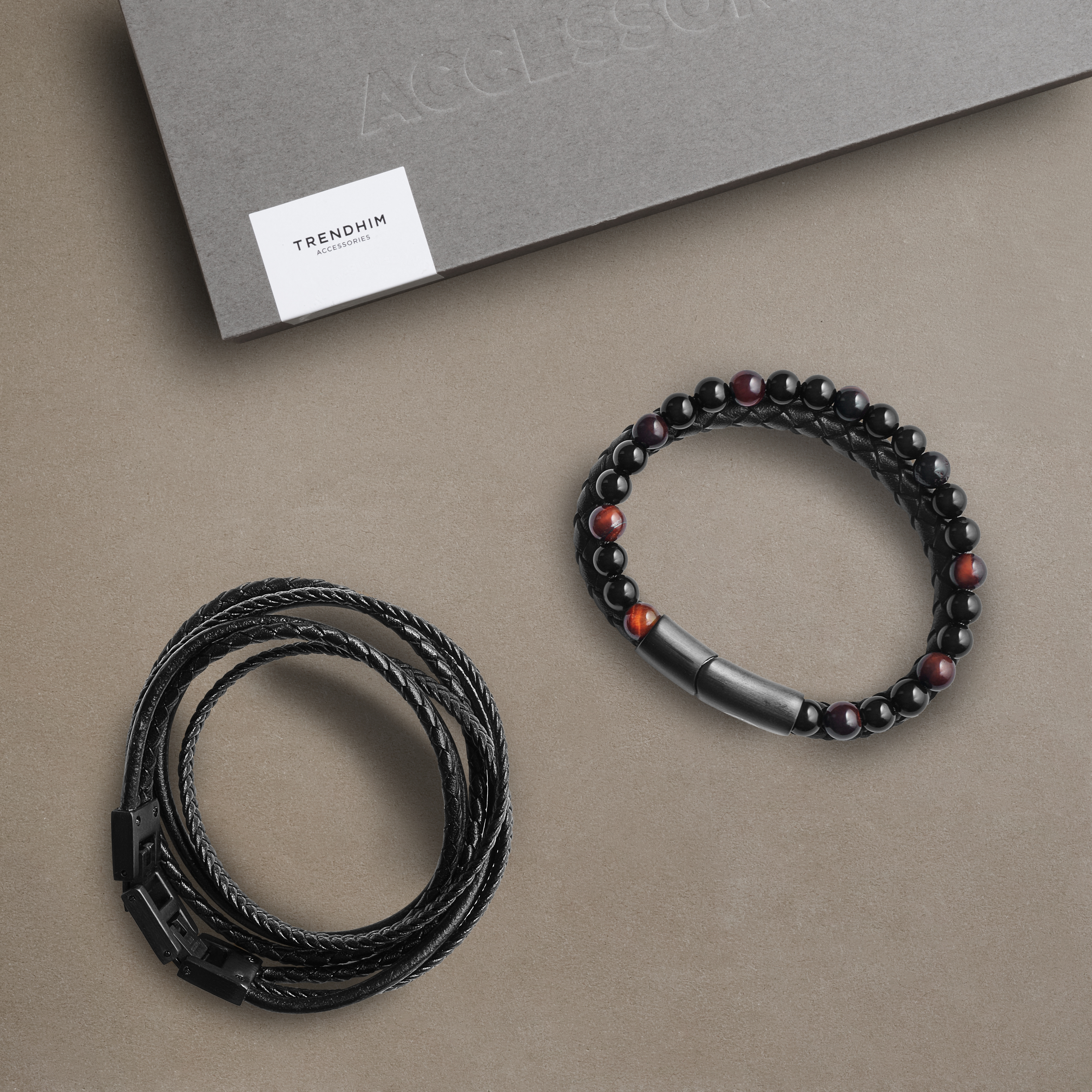 Red Tiger's Eye & Black Leather Bracelet Gift Box - 2