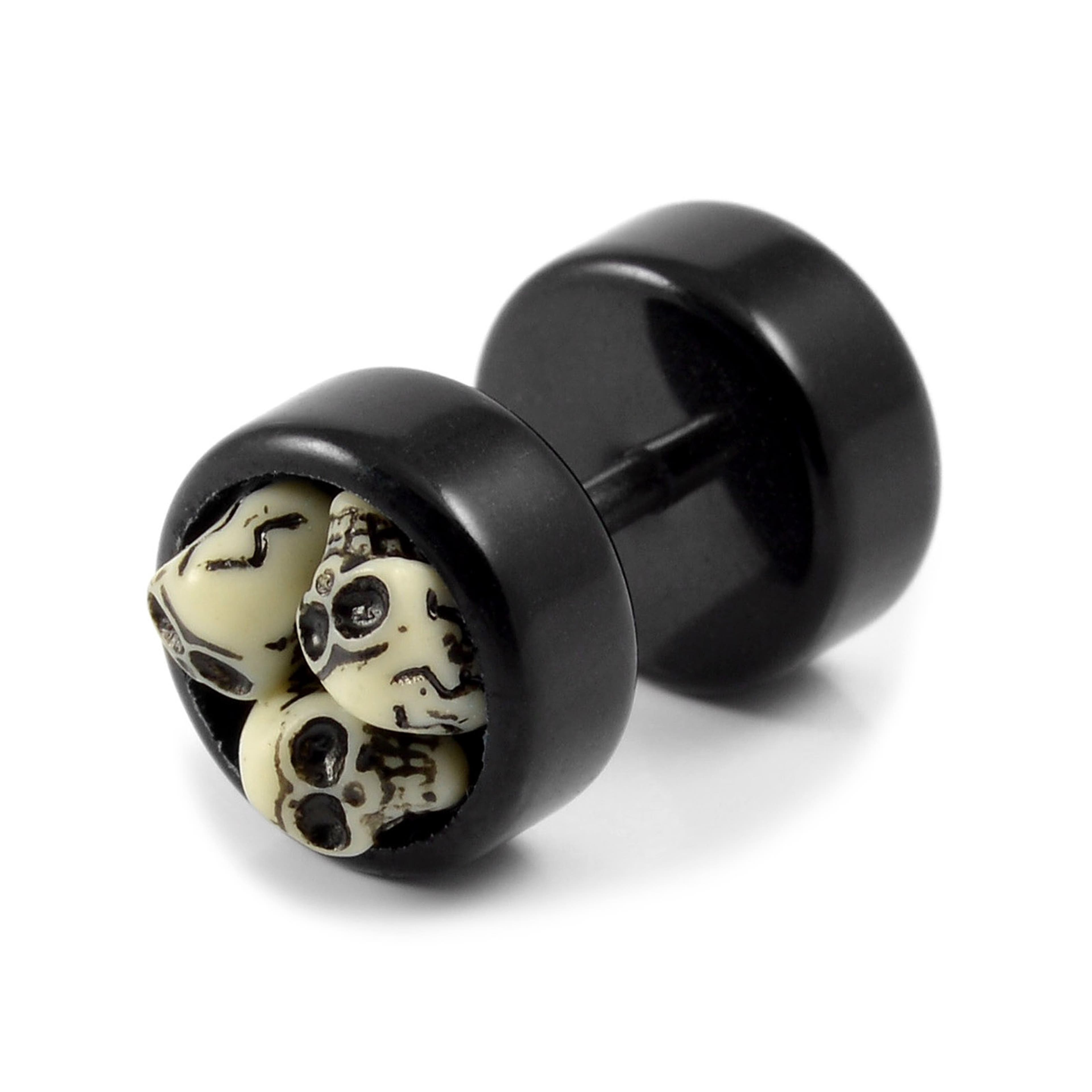 Satago | 9 mm Black and White Acrylic & Stainless Steel Skull Faux Plug Stud Earring
