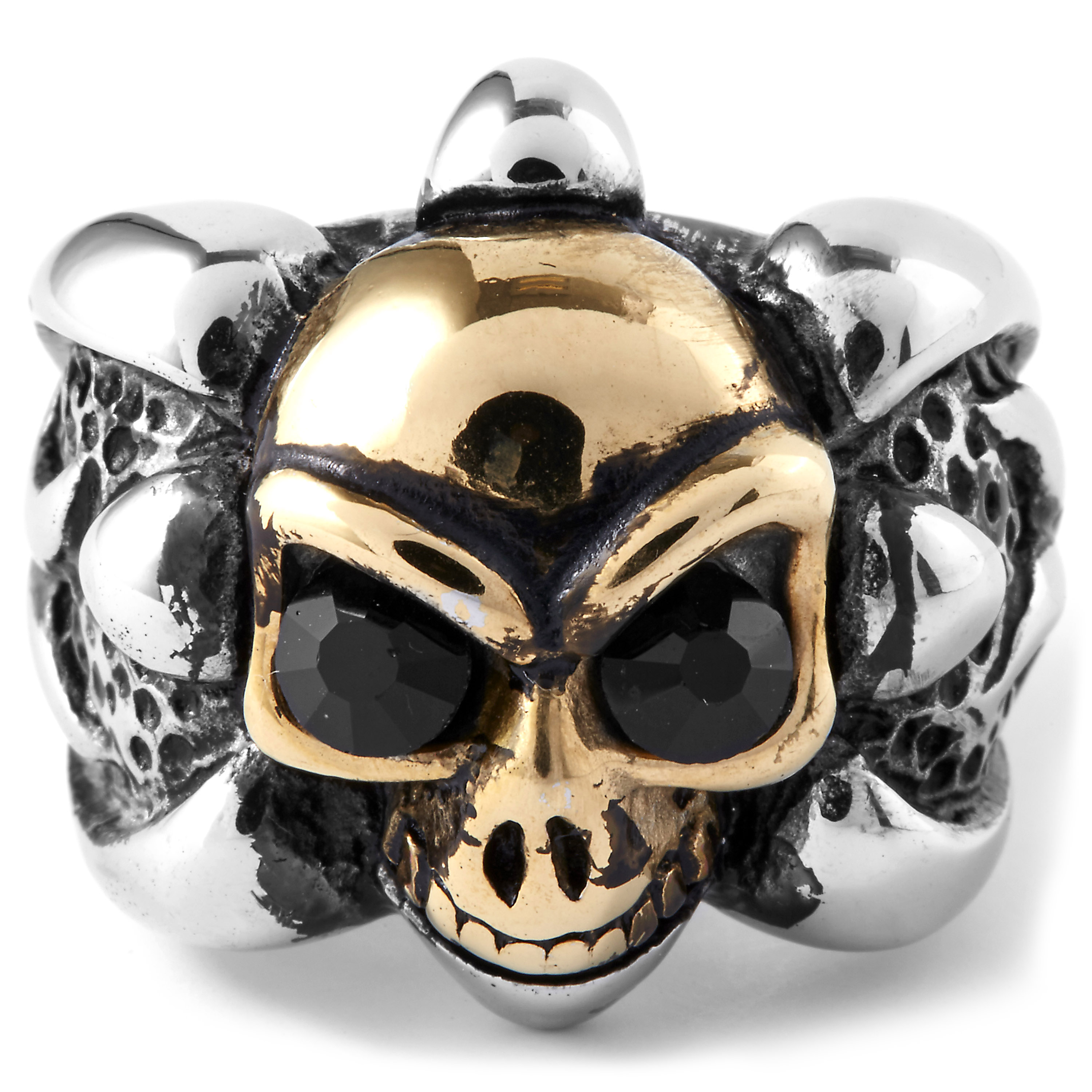 Anello a forma di teschio color acciaio e oro - 2