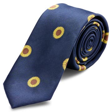 Granatowy wąski krawat w słoneczniki