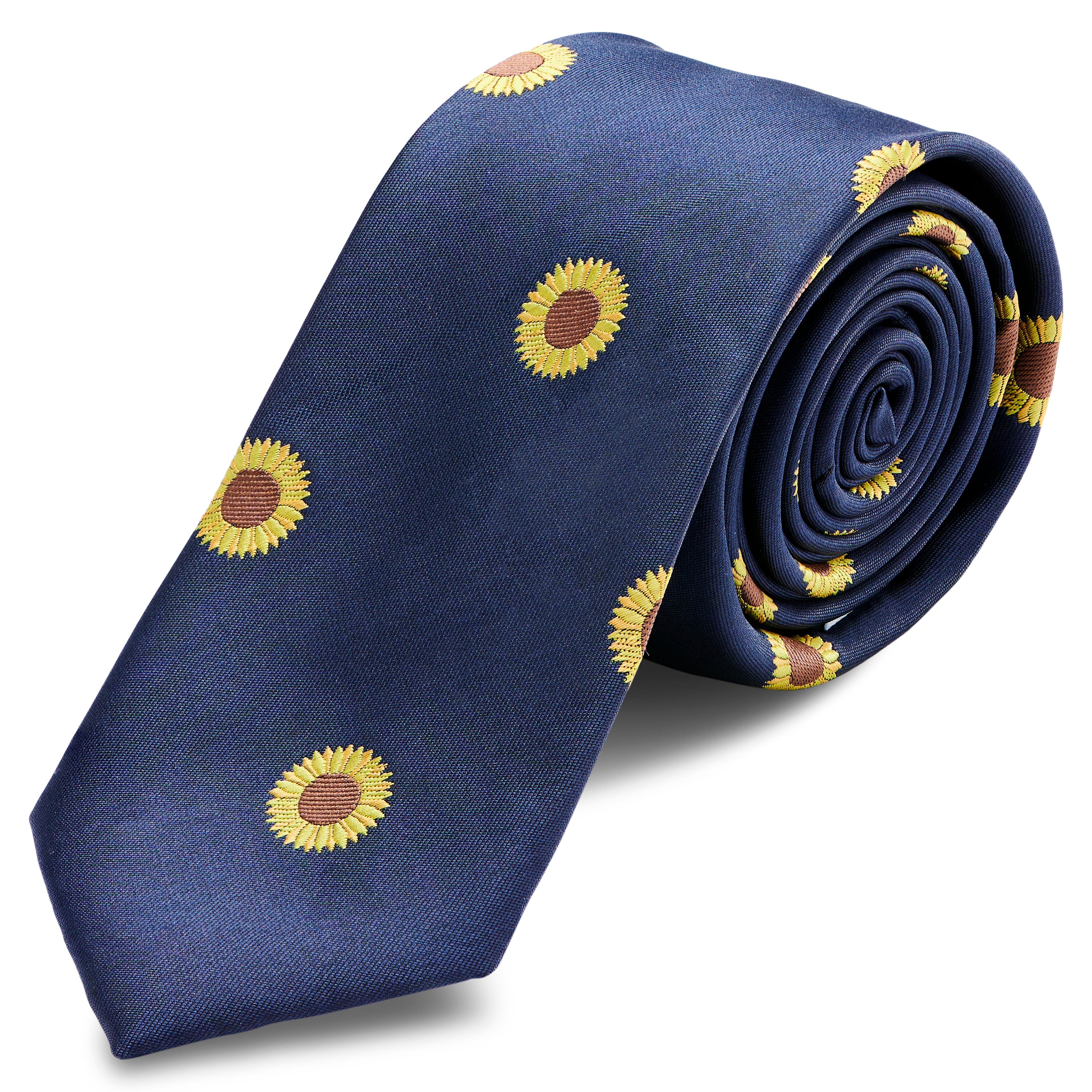 Cravate étroite bleu marine à motifs de tournesols