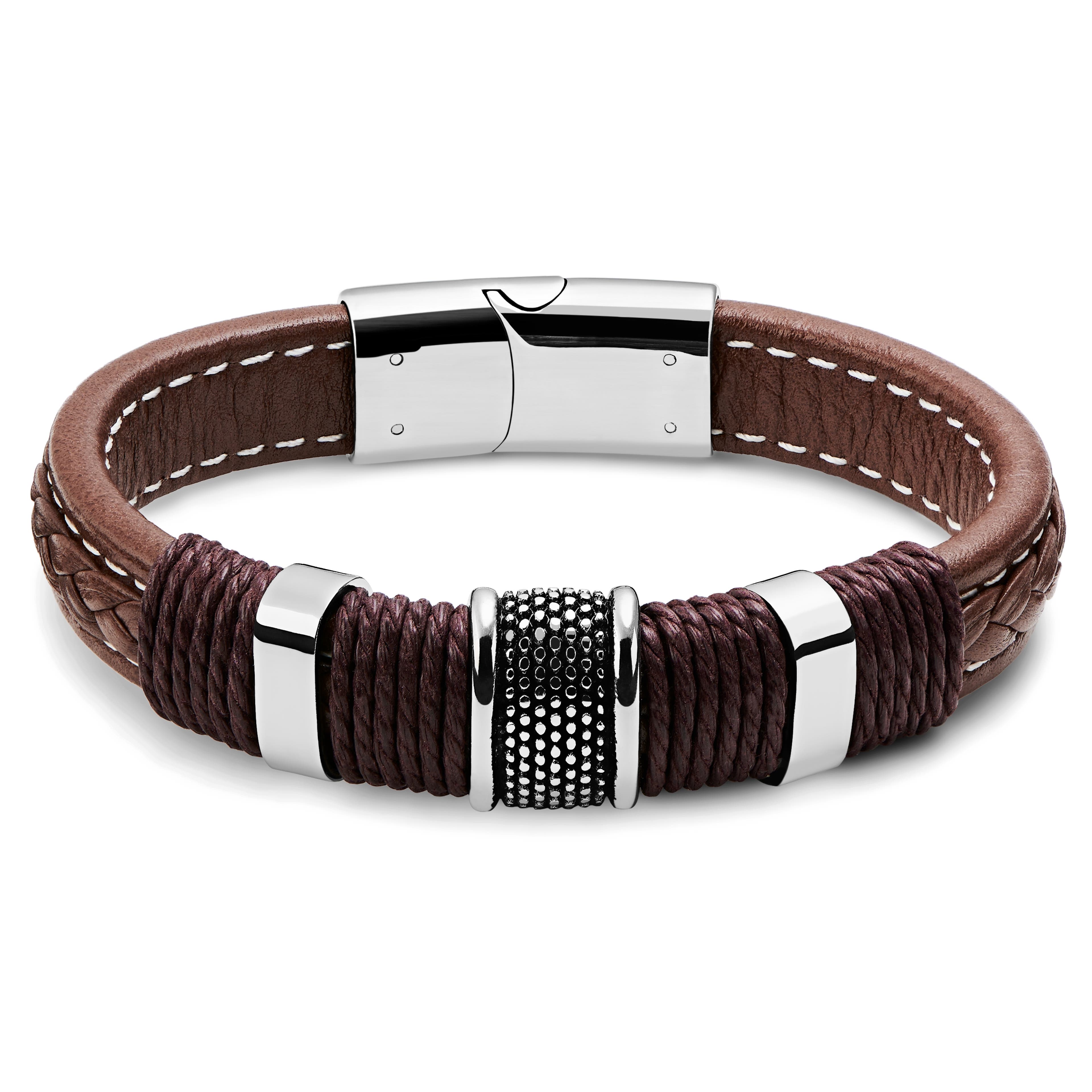 Icon | Bracelet en cuir brun et en acier inoxydable