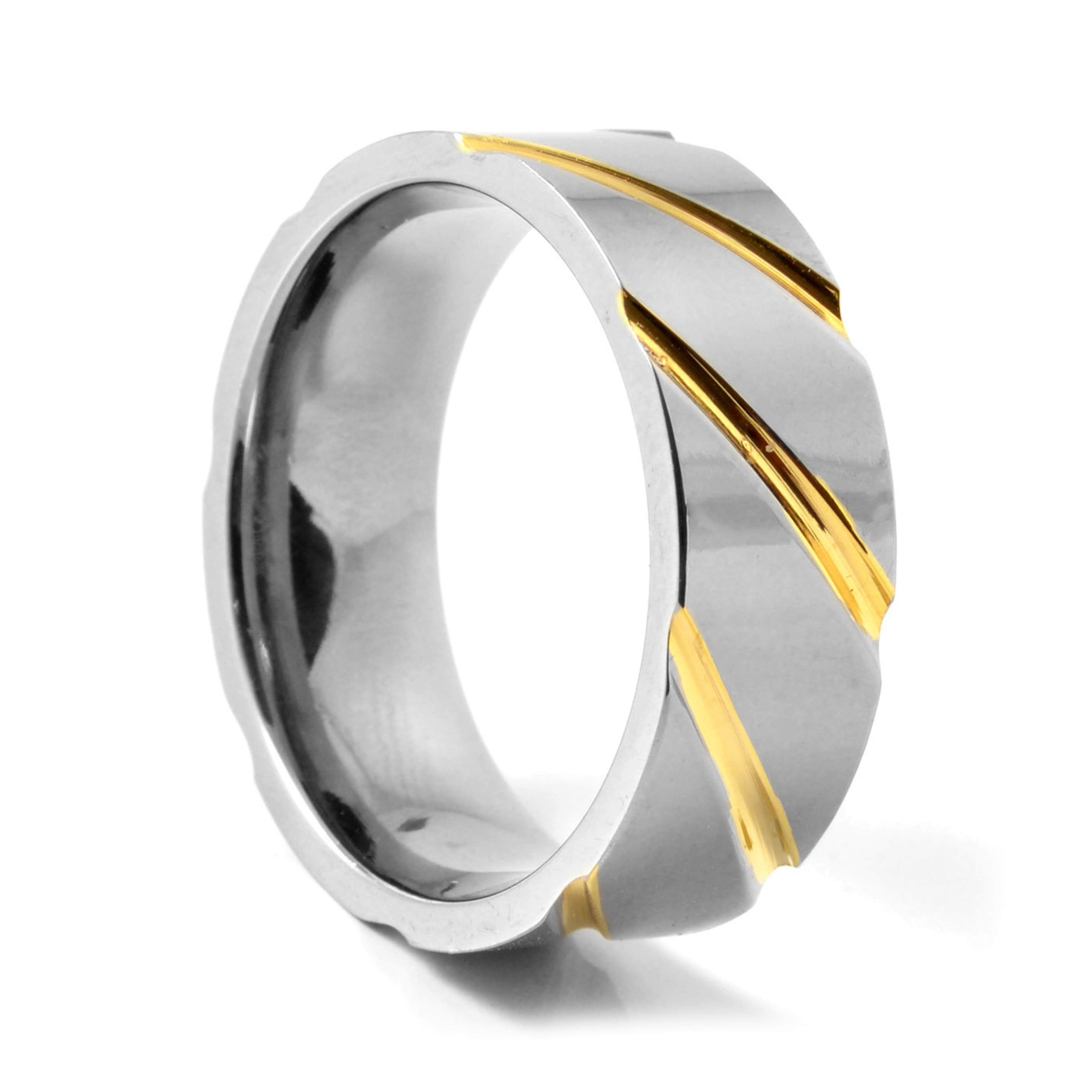 8 mm Silver- & Gold-Tone Diagonal Grooves Titanium Ring