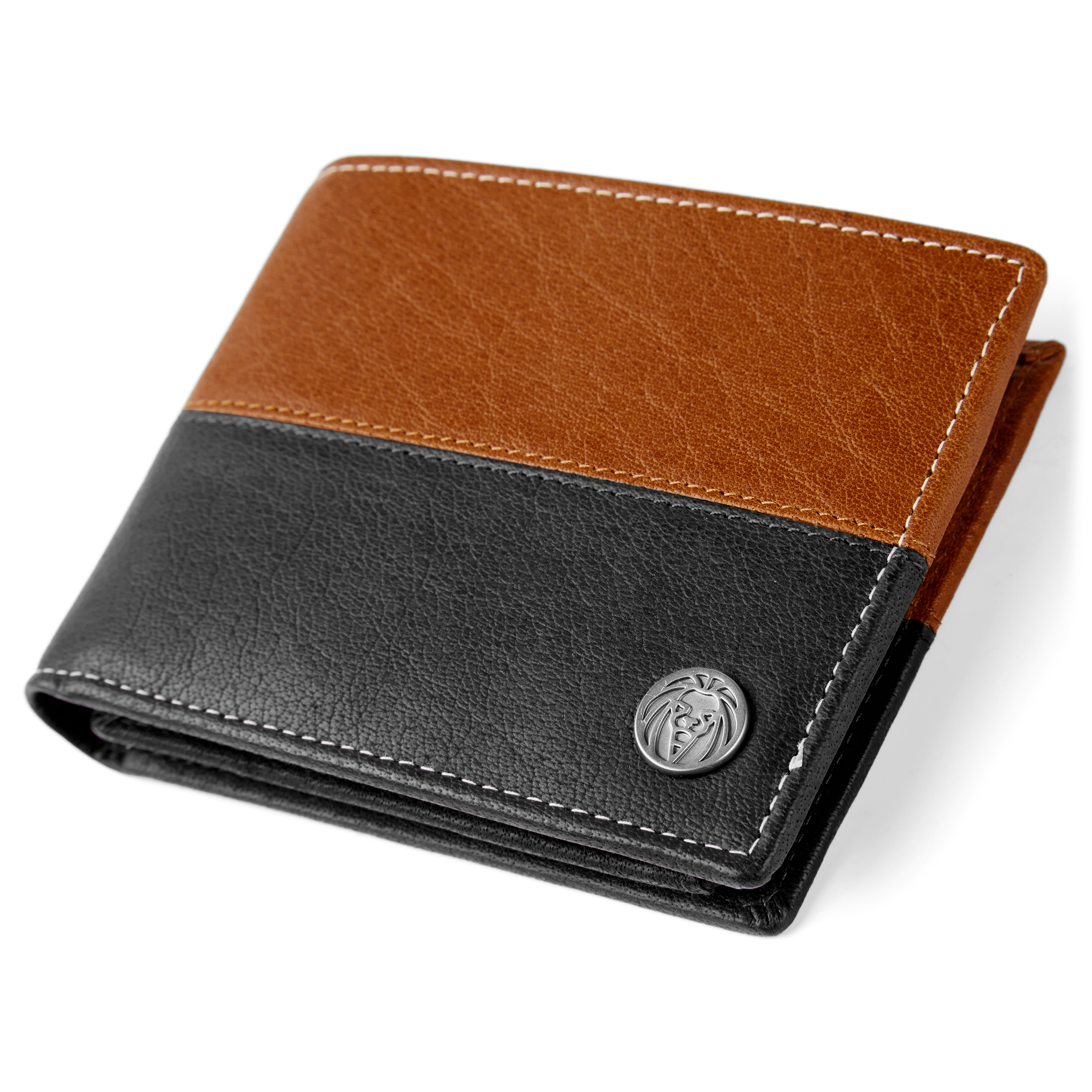 Cartera de cuero negro y canela con costuras Oxford - 5