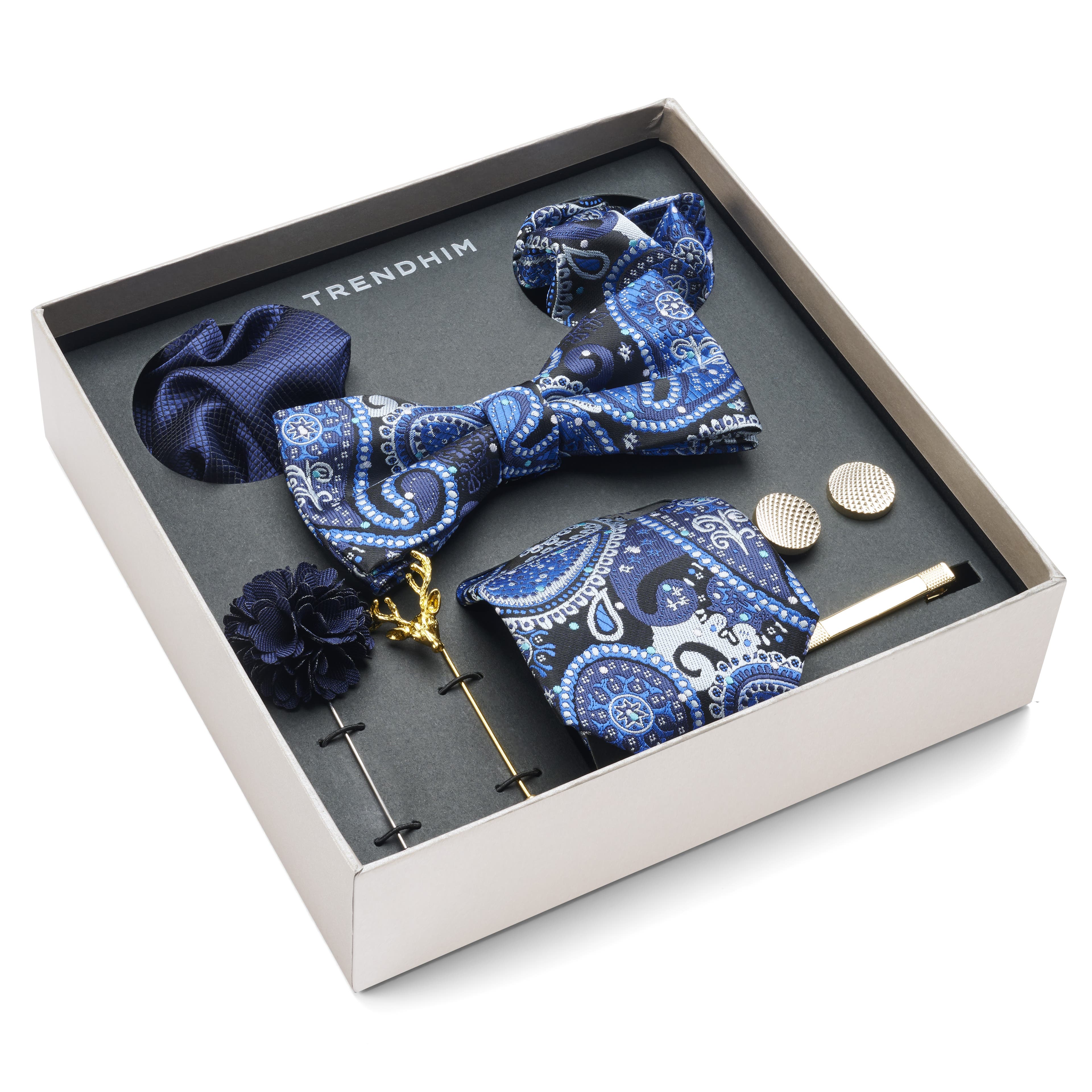 Cutie cadou cu accesorii pentru costum | Set albastru și auriu cu imprimeu Paisley 