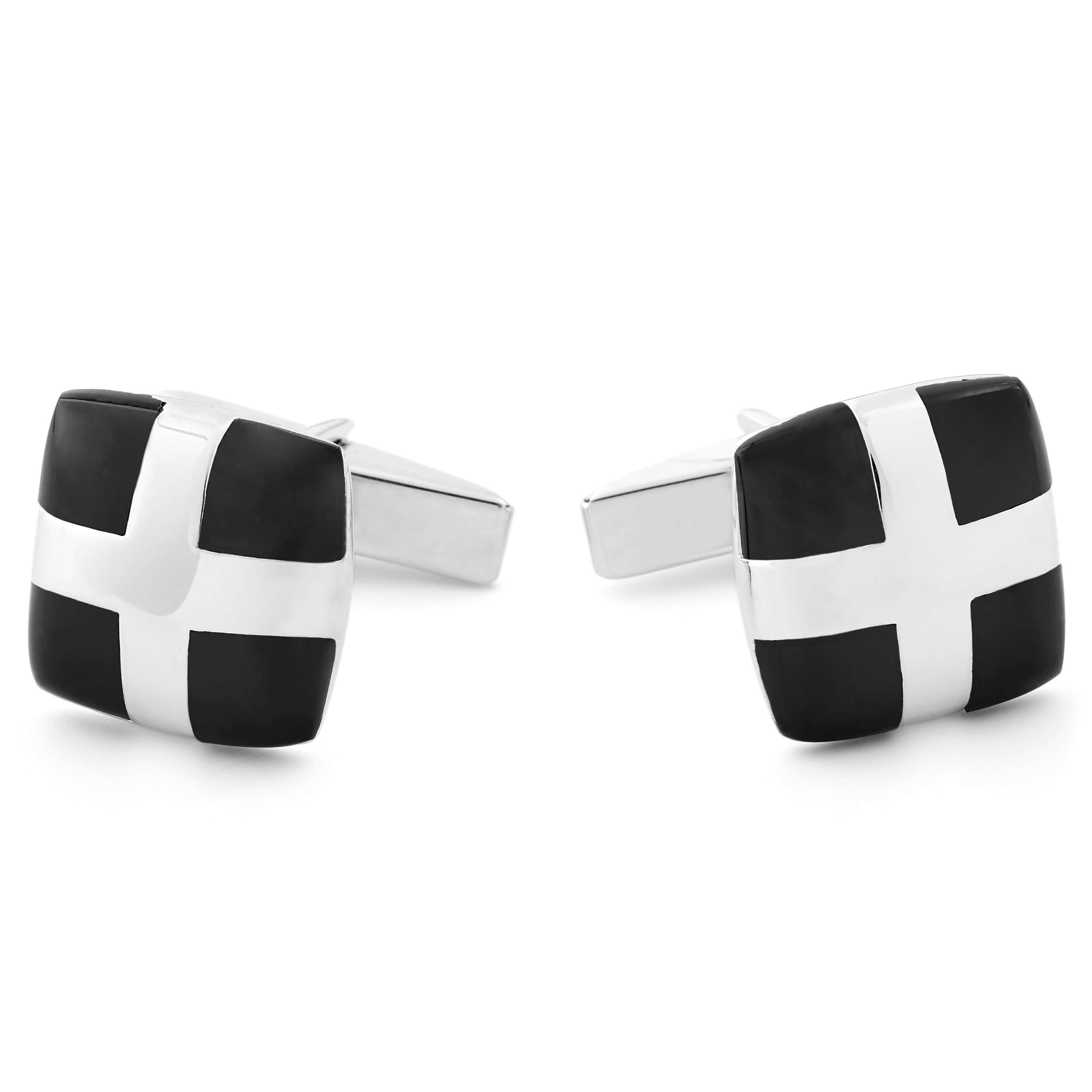 Silver And Black Checkered 925s Cufflinks