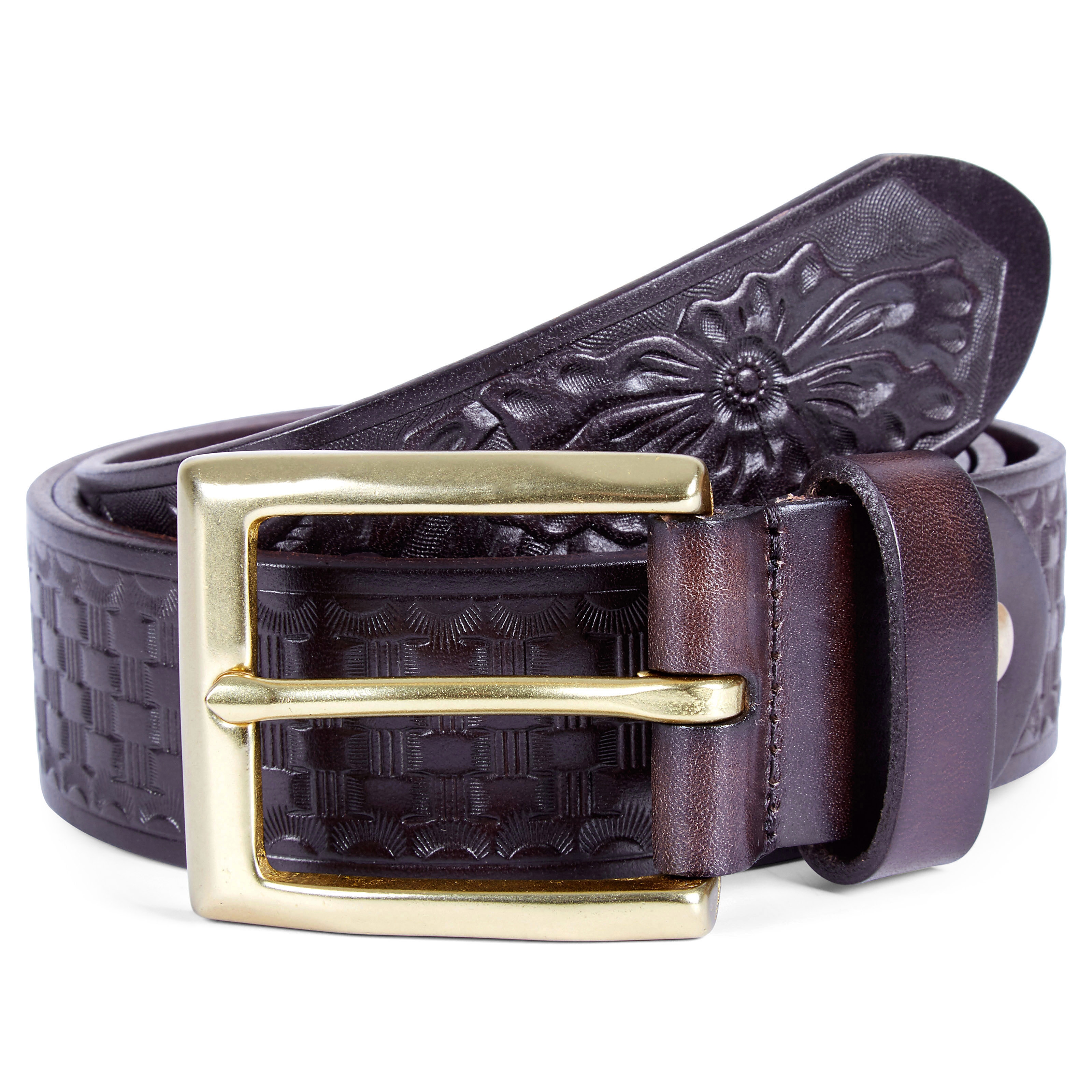 Mørkebrunt Bælte m. Blomstret Mønster - 1