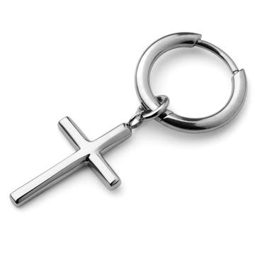 Silver-Tone Titanium Drop Hoop Earring With Cross Charm Silver-Tone Titanium Drop Hoop Earring With Cross Charm