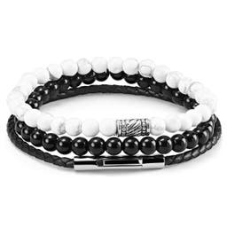 Black & White Agate & Leather Cord Bracelet Set