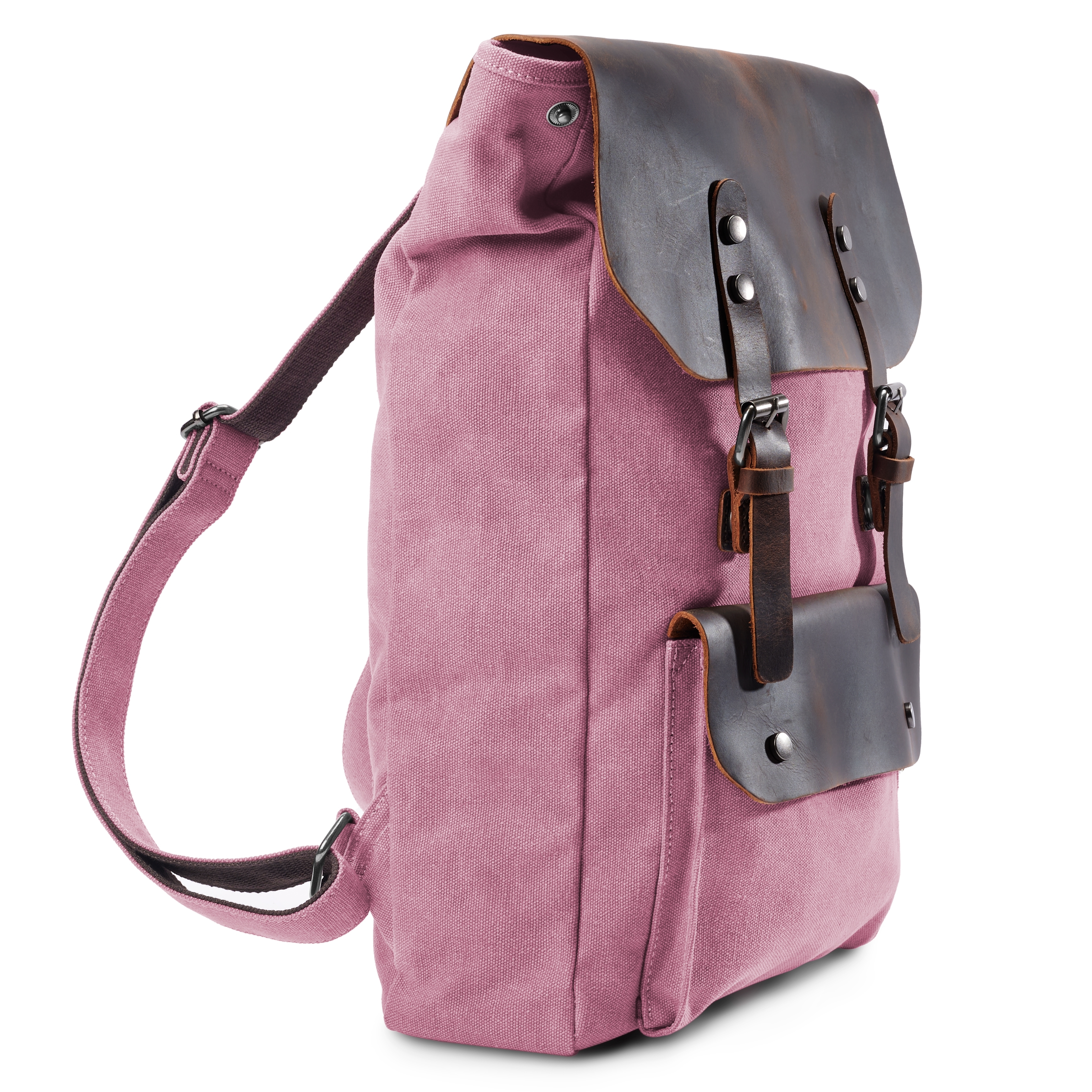 Vintage-Style Pink Leather & Canvas Backpack - 3